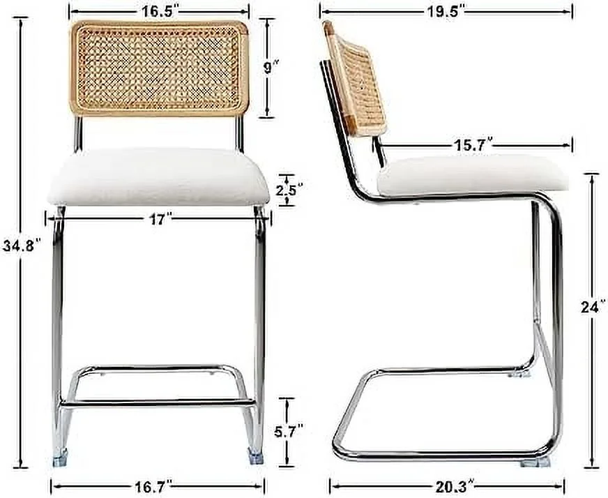 HBBOOMLIFE Black Modern Counter Height  Stools  with Natural Rattan Cane and Solid Wood Backs  24 Inch Upholstery with Metal Chrome Legs Mid Century  Chairs