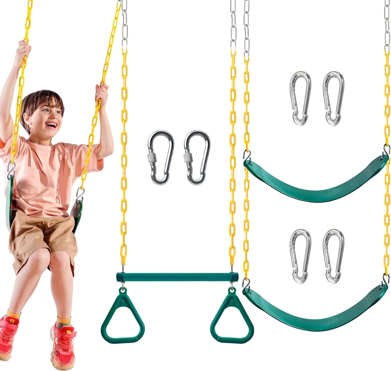 3 Pack Assorted Swing Set, Including 1 Gym Rings Trapeze Swing Bar and 2 Pcs Swings with Plastic Coated Chain, Swing Set Accessories Replacement for Kids Outdoor Play, Playground- Green