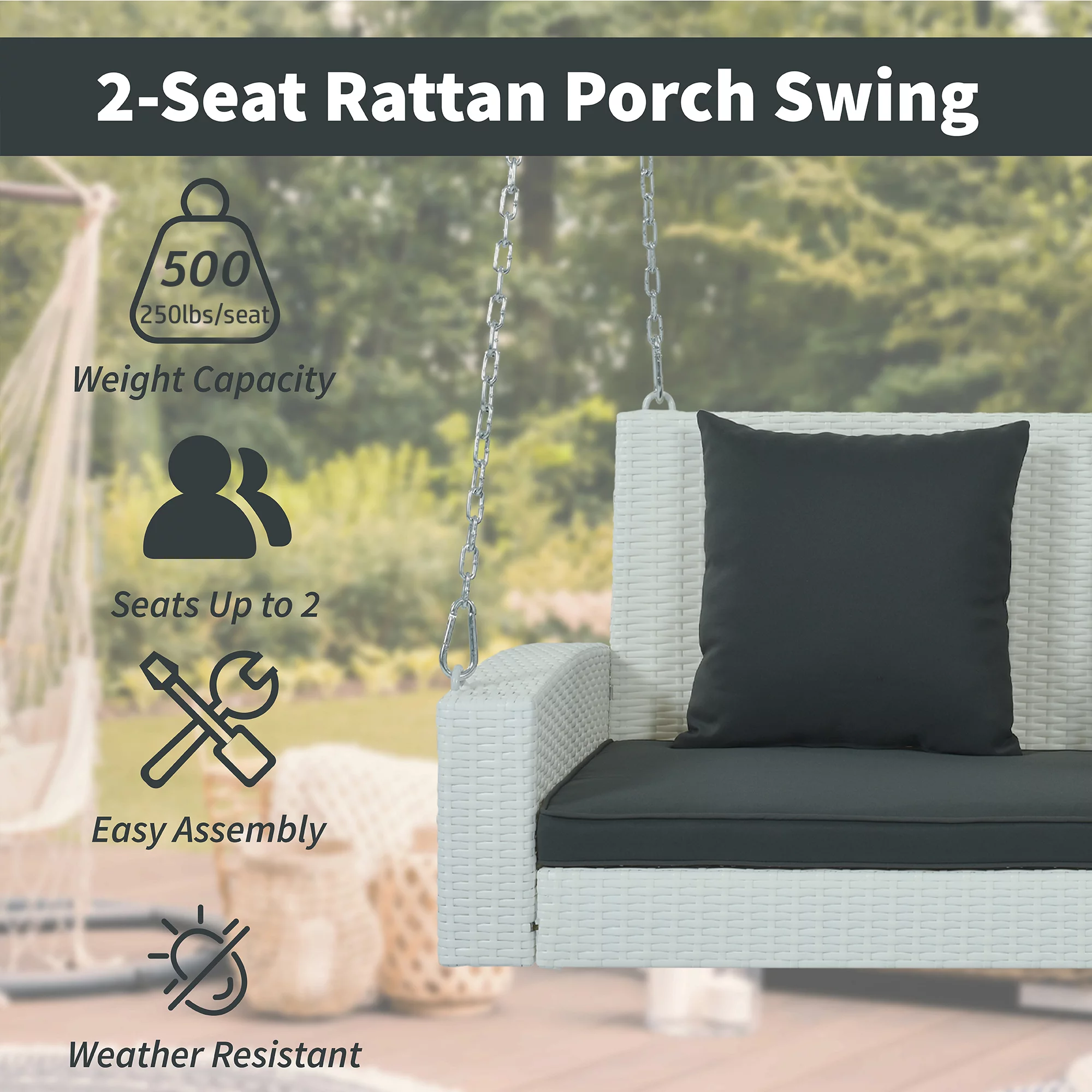 Cushioned 2-Person Outdoor Wicker Swing - Weather-Defying Porch Furniture with Pillows for Ultimate Relaxation
