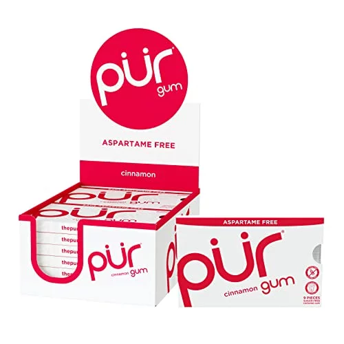 PUR Gum | Sugar Free Chewing Gum | 100% Xylitol | Vegan, Aspartame Free, Gluten Free & Keto Friendly | Natural Cinnamon Flavored Gum, 9 Pieces (Pack of 12)