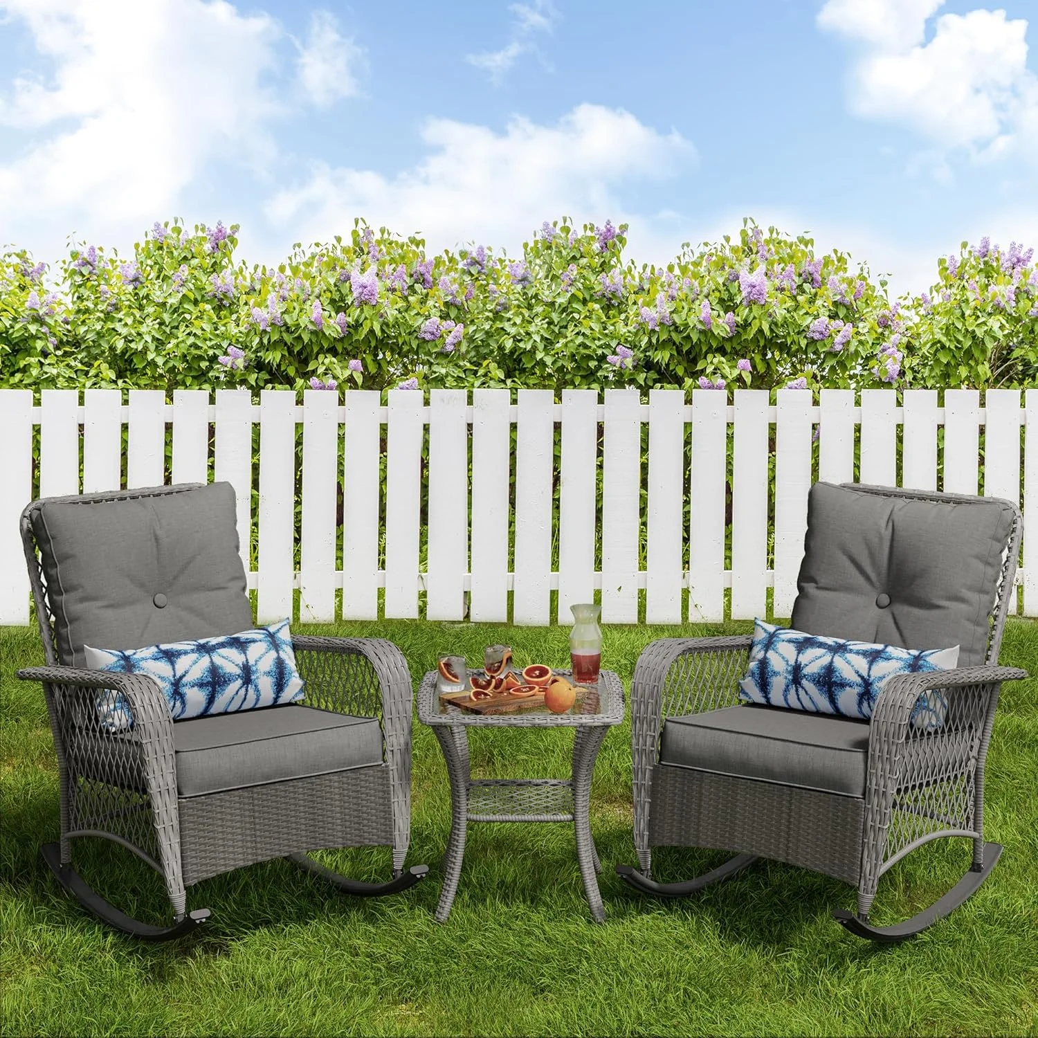 UDPATIO 3 Piece Patio Set Rocking, Rattan Outdoor Rocking Patio Bistro Set with 2 Rockers and 1 Side Table with 4‘’ Thick Cushions for Backyard, Porch, Balcony, Poolside(Grey)