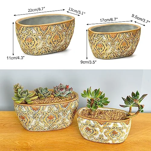 Sungmor Cement Planter Succulent Pots, Set of 2 Concrete Cactus Plant Pot with Drainage Hole, Embossed Design Flower Pot for Home Office Decor, 4.9 Inch & 6.1 Inch Indoor Outdoor Plants Container