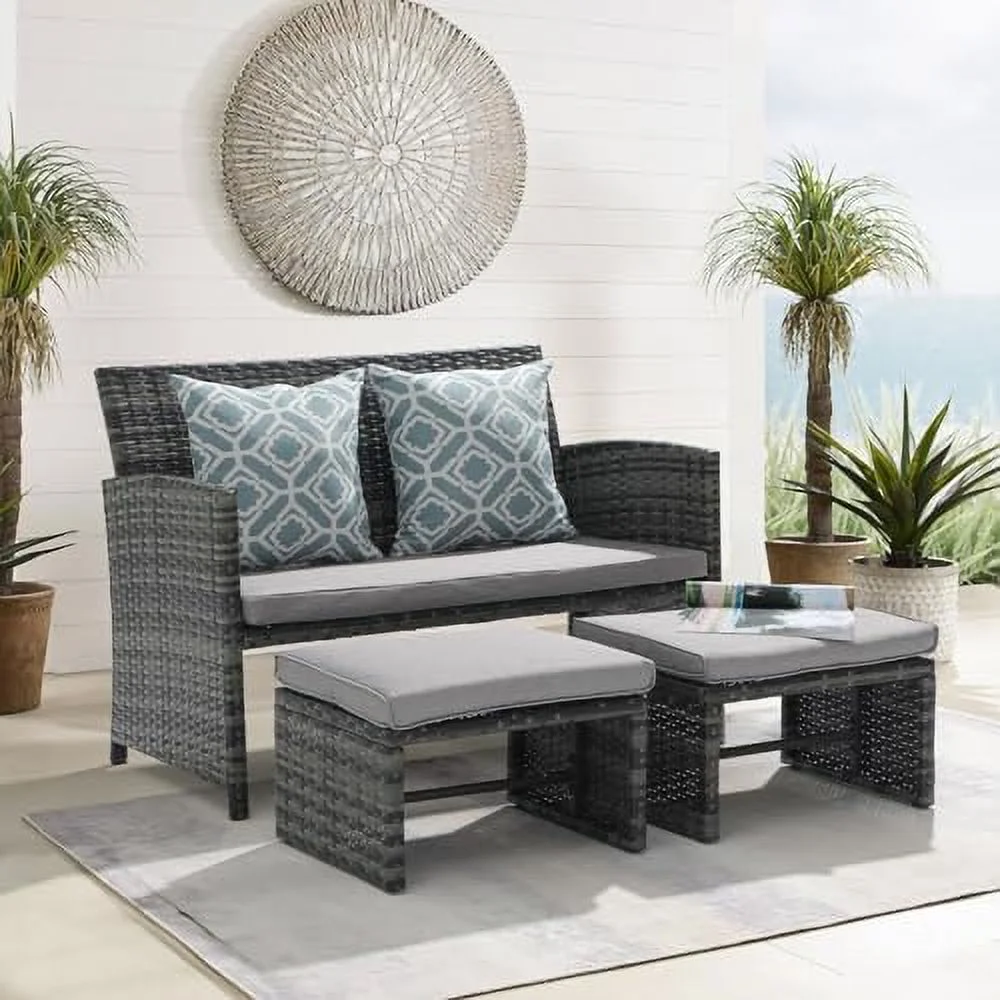 LNSETGC Outdoor Loveseat Patio  Rattan Conversation Set with Ottoman  Light Grey Cushions  Grey Wicker  Pillows Included