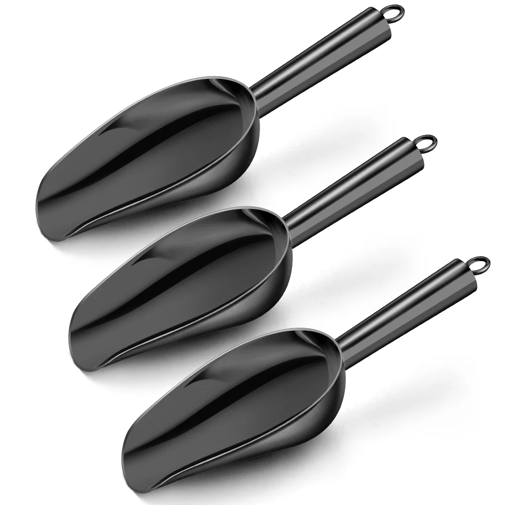 Stainless Steel Ice Scoop Set of 3, Walchoice 6 oz Metal Food Scoop Utility Scooper for Bar, Kitchen, Banquet, Garden Tool, Beach Shovel, Mirror Finish & Dishwasher Safe - Black