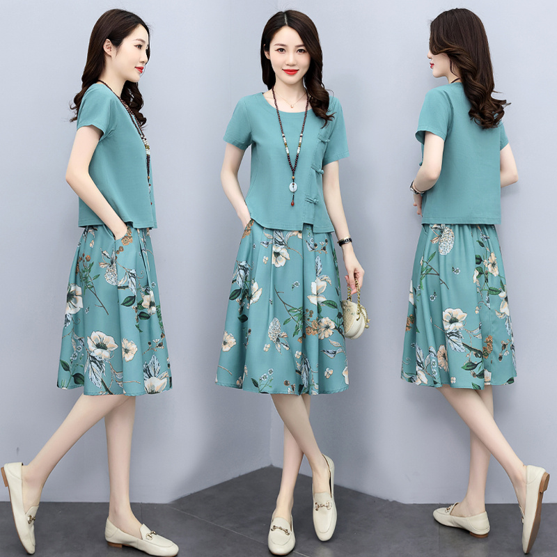 Gjc Encounts Chain Cotton Jacks Literary Printing Set Skirt Summer Women