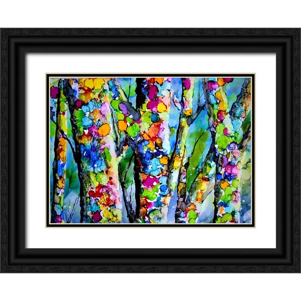 Art by Leslie Franklin 14x11 Black Ornate Wood Framed with Double Matting Museum Art Print Titled - Birches with Bling
