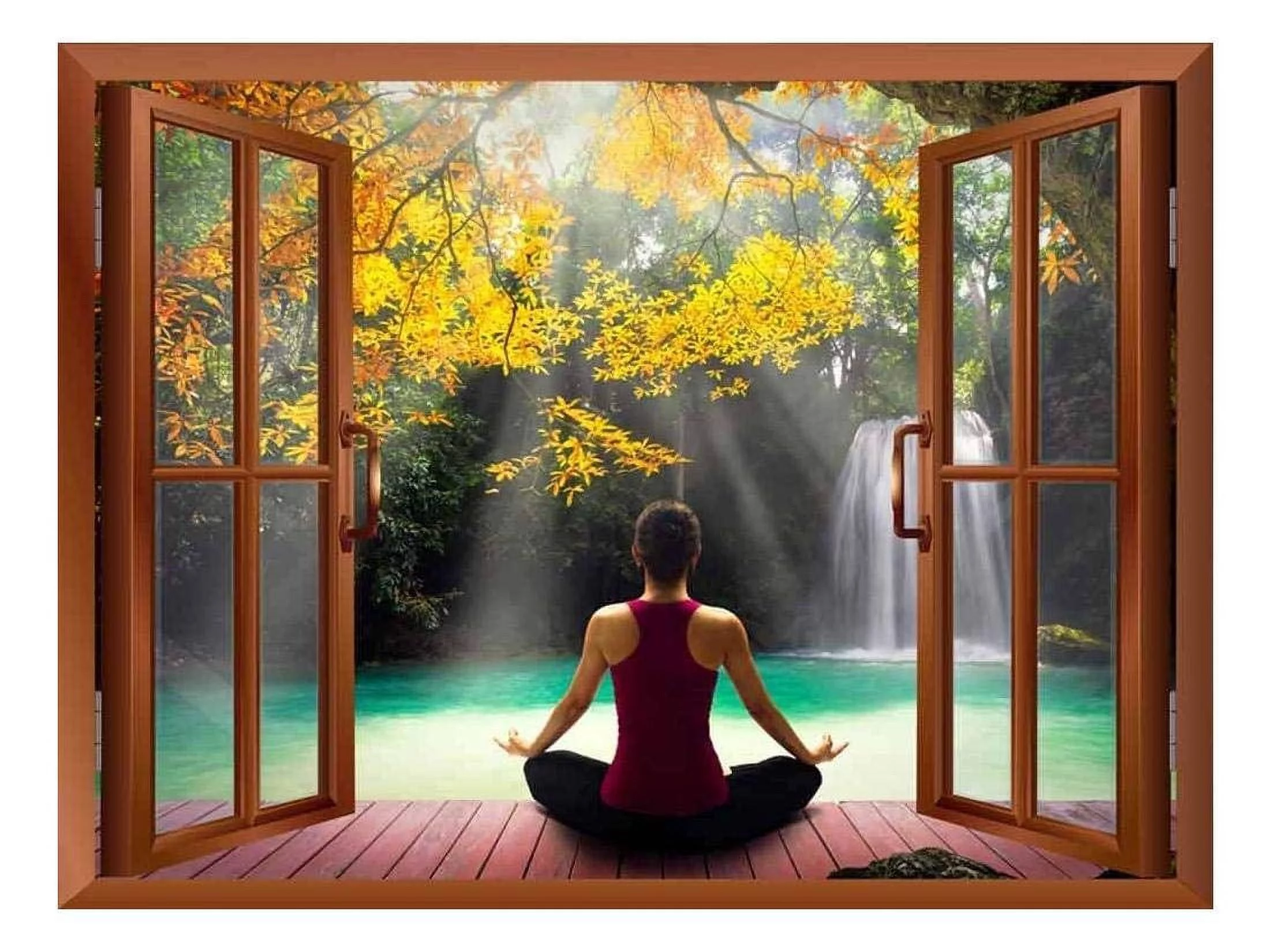 wall26 Modern Copper Window Looking Out Into a Woman Meditating by a Lake with a Waterfall - Wall Mural, Removable Sticker, Home Decor - 24x32 inches
