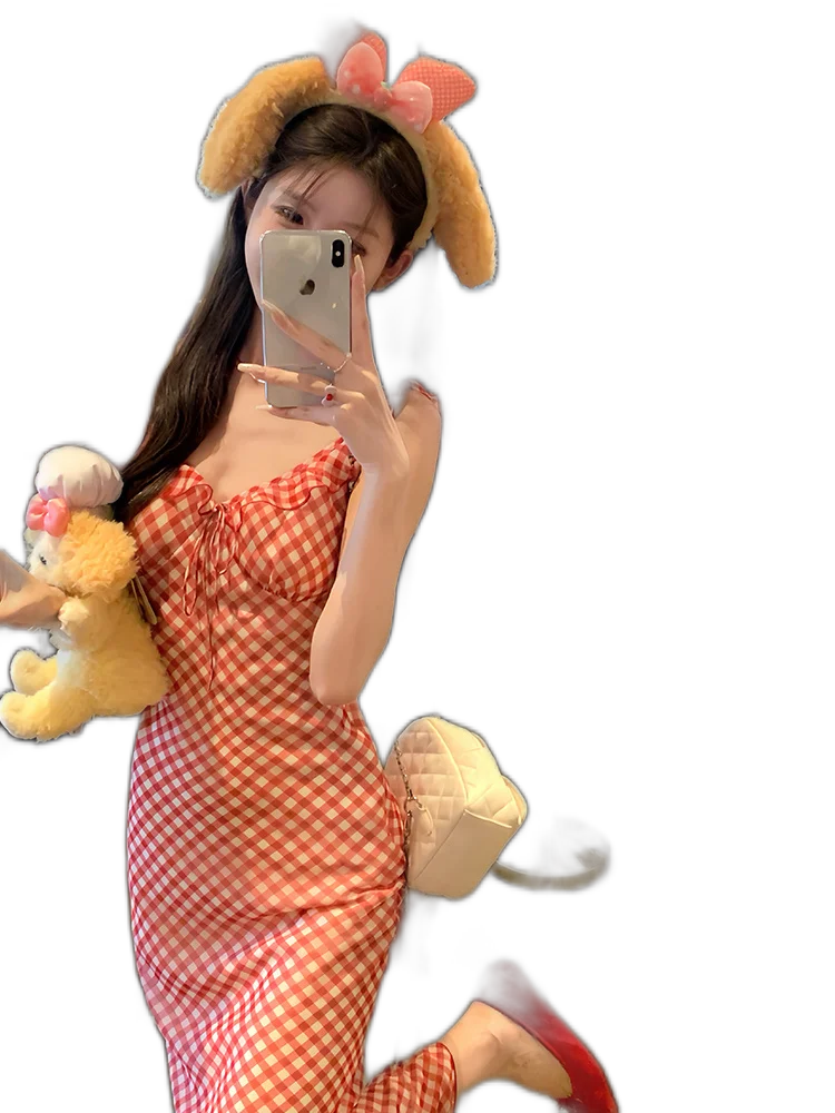 Reatio Ripe Cherry Red Suspender Fishtail Skirt Women'S Summer Waist Slimming Dress