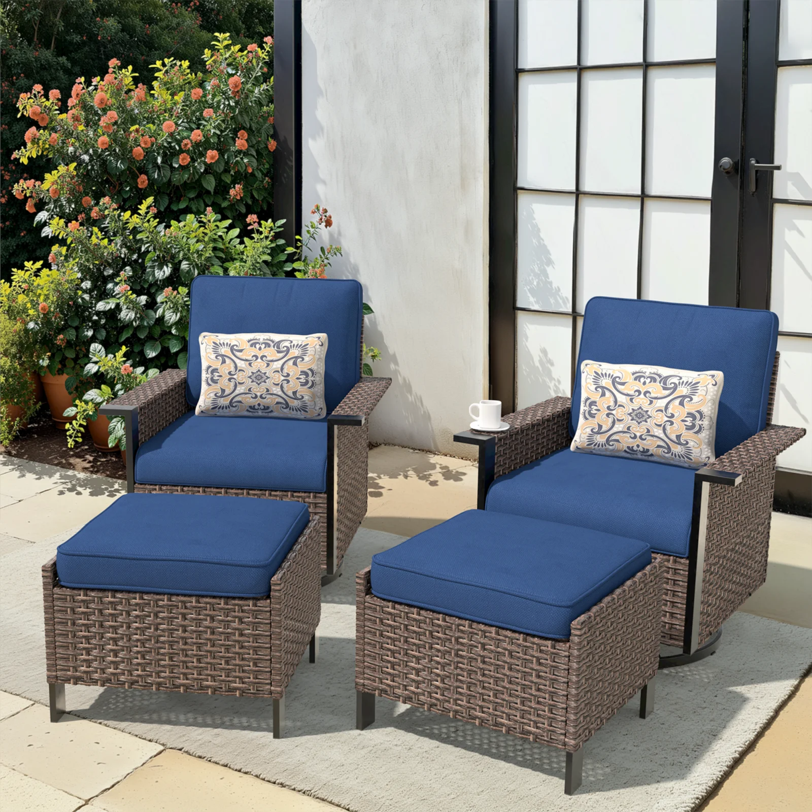 Buenhomino 4-Piece Patio Wicker Furniture Set with 2 Swivel Glider Rocking Chairs, 2 Ottomans, All-Weather Outdoor Rattan Bistro Set with Cushions for Garden, Deck, or Backyard