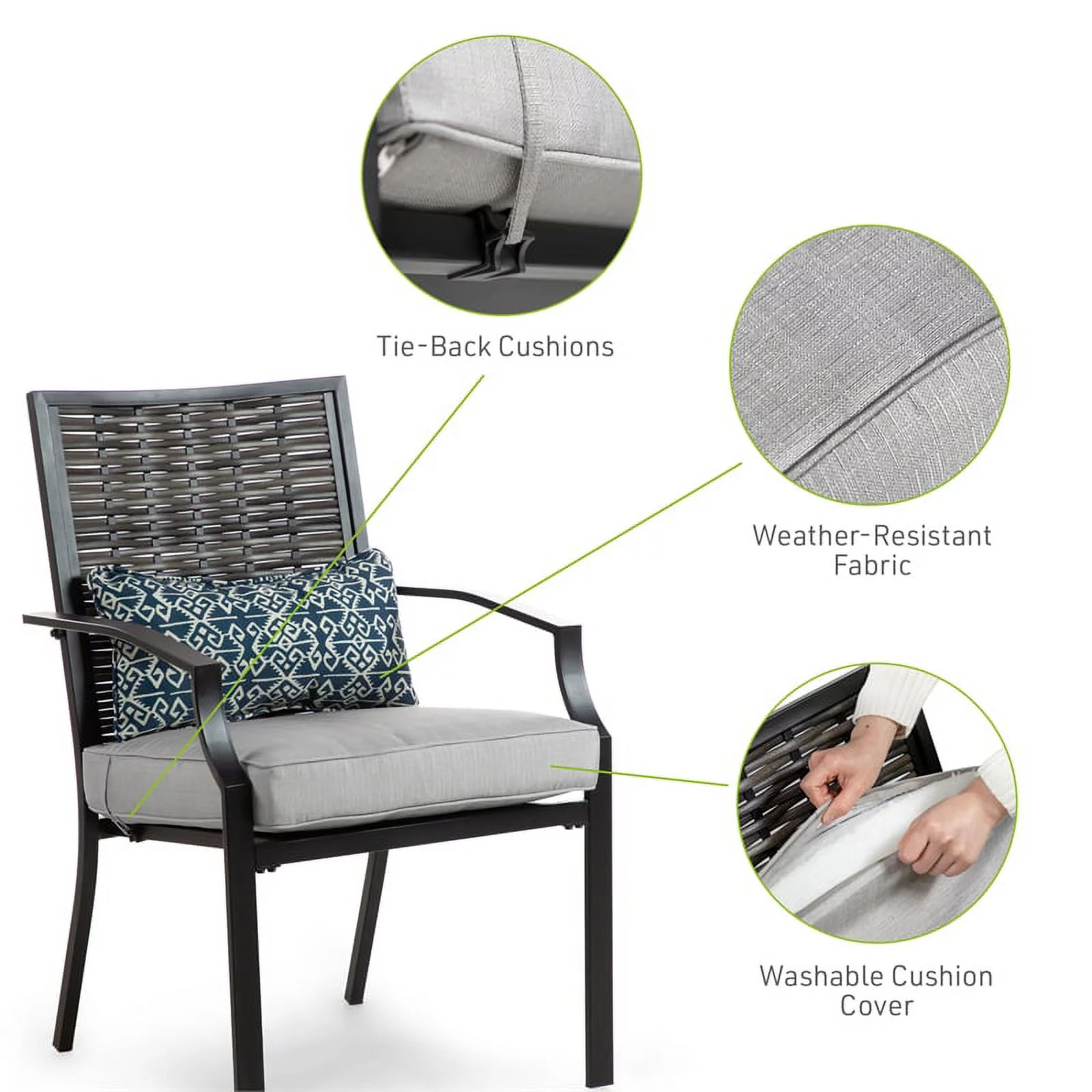 Afuera Living 2-Piece Outdoor Black Metal Dining Chairs with Gray Cushion