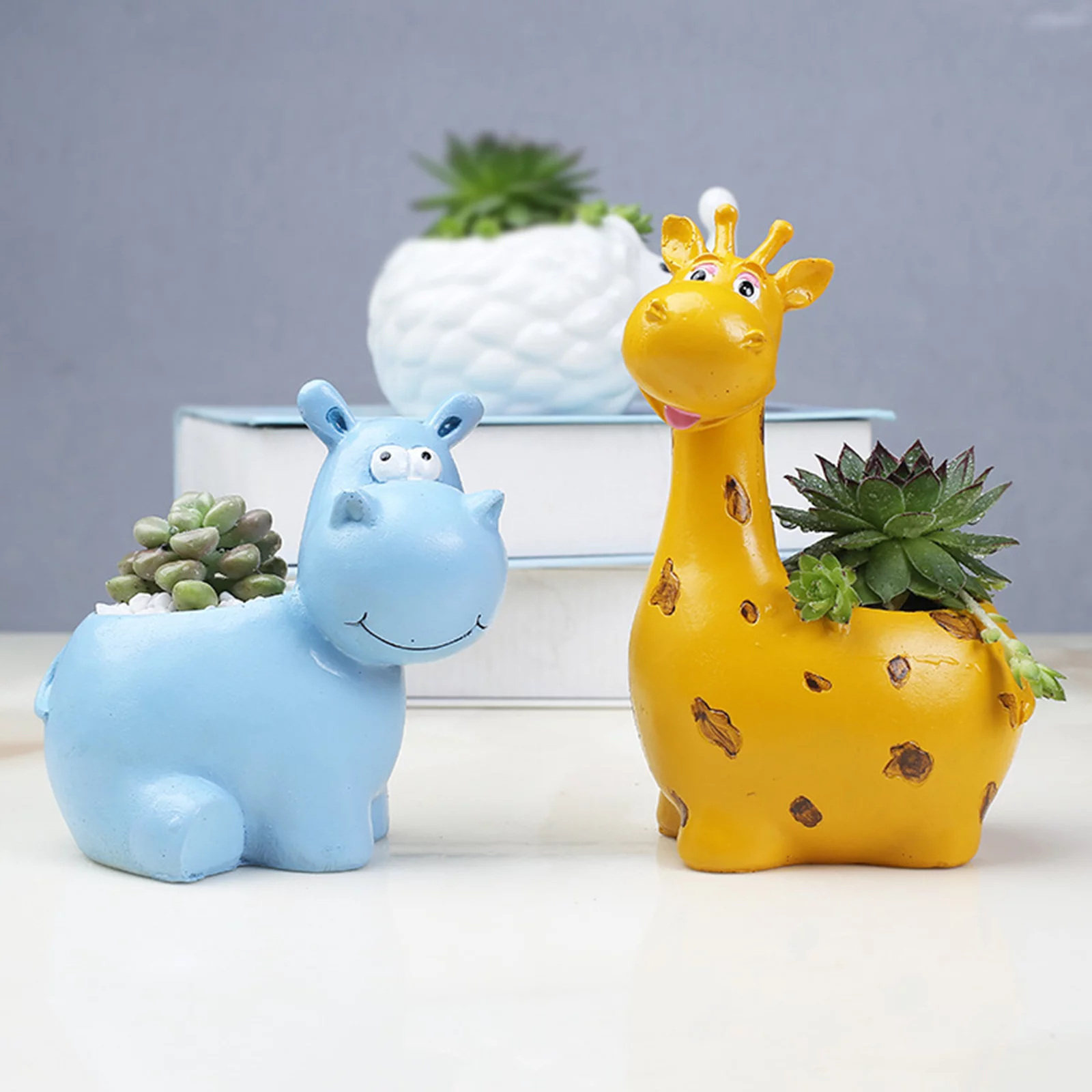 Cute Cartoon Animal Giraffe Hippo Resin Flower Pot Garden Creative Tabletop Potted Small Flower Pot Home Garden Decroation