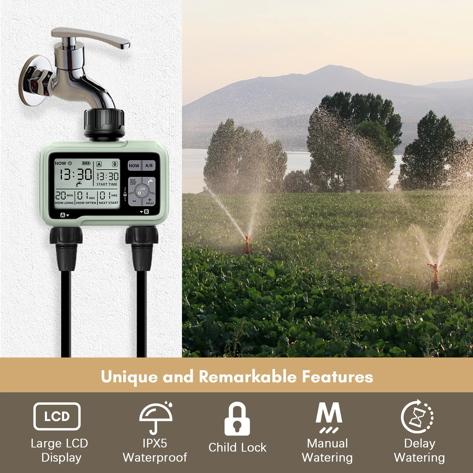 Irrigation ,Display Ipx5 Waterproof With Lcd 2-outlet Sprinkler With