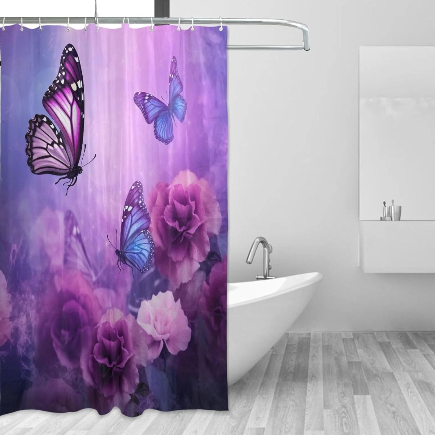 Bestwell Shower Curtain, Purple Flowers and Butterfly Bathroom Decor Waterproof Fabric with Hooks, 60x72 inch
