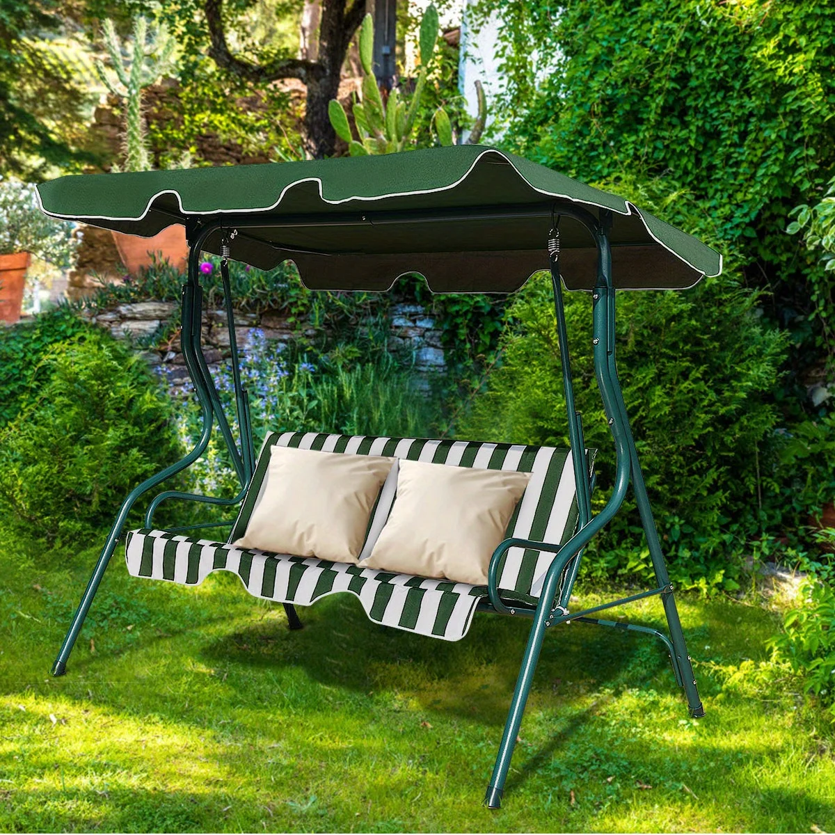 RHYFJJUI2  3 Seats Patio Canopy Steel Frame Swing Glider Hammock Cushioned Backyard Green