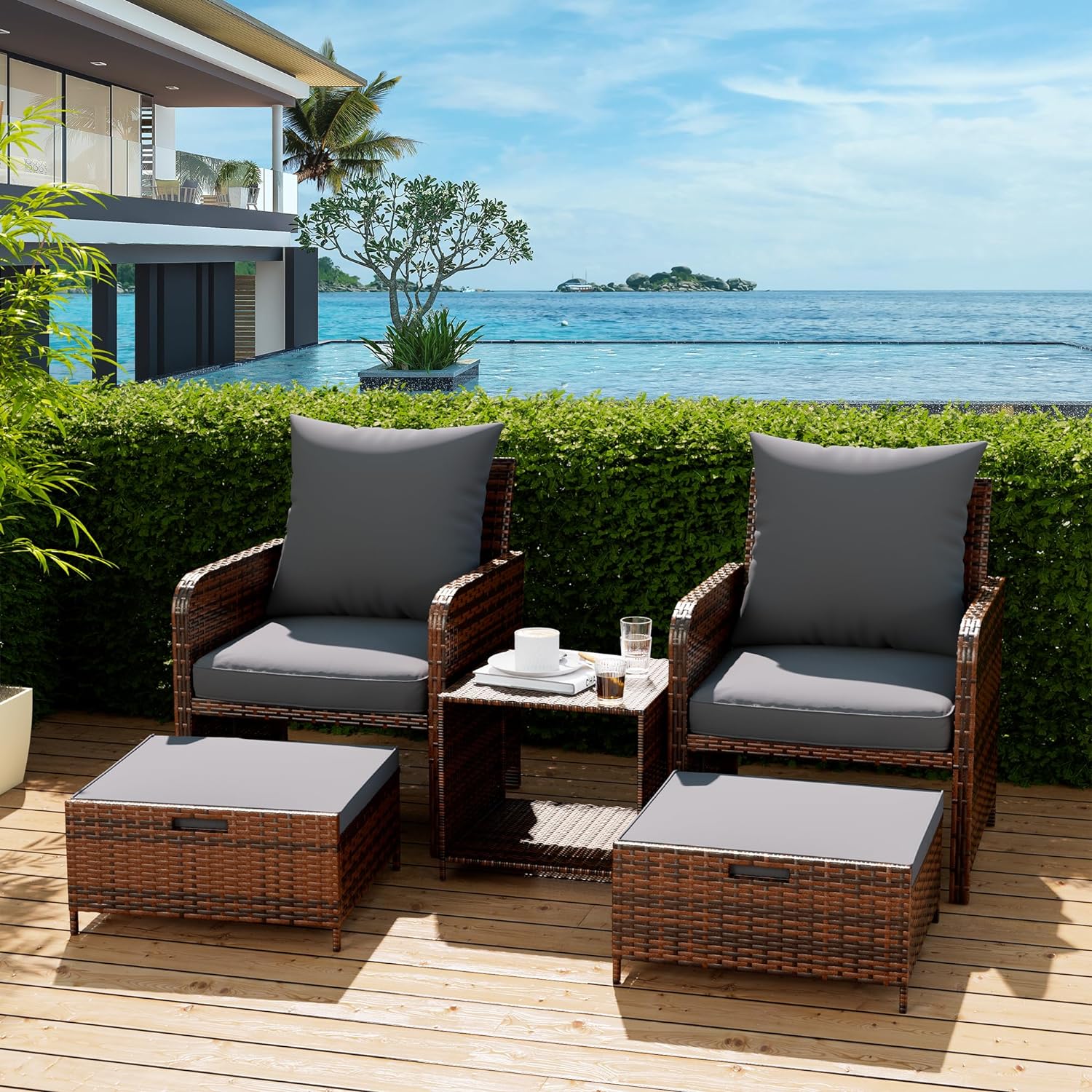 Dina 5 Piece Patio Furniture Set  Outdoor Patio Conversation Rattan Chair with Ottomans w/Storage Coffee Table for Patio  Space Saving Design for Balcony Poolside Front Porch Deck  Navy