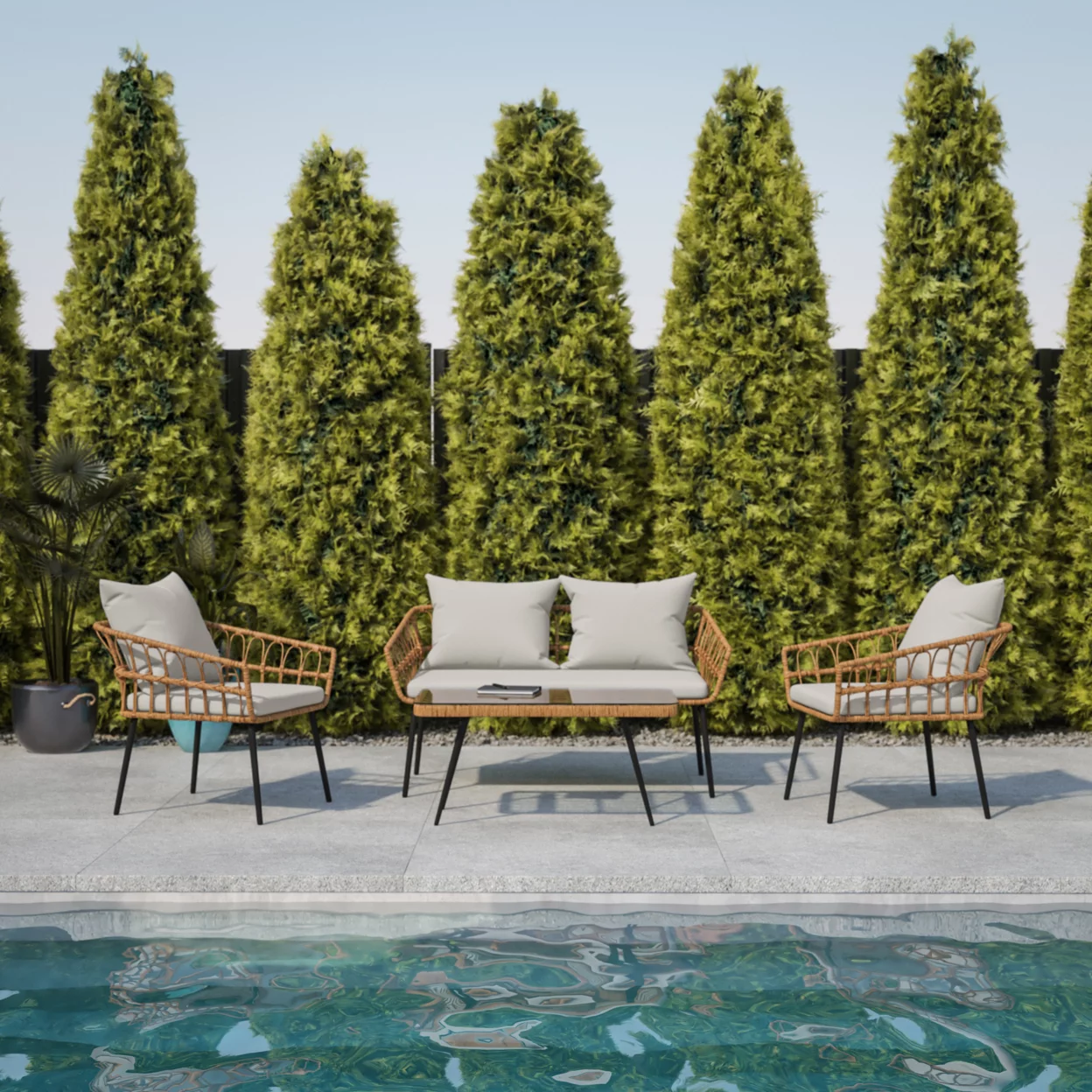 Flash Furniture Evin Boho 4 Piece Indoor/Outdoor Rope Rattan Patio Conversation Set with Tempered Glass Top Coffee Table and Gray Cushions, Natural