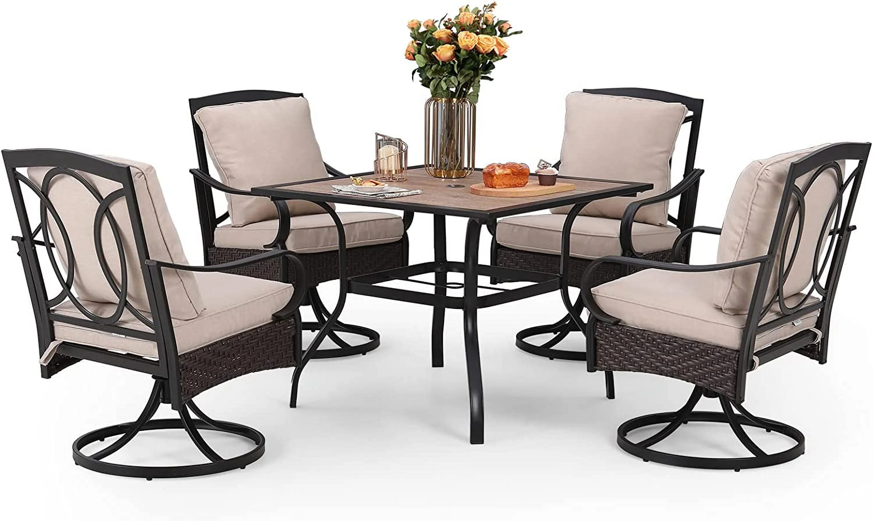 & William Patio Table and Chairs with 13ft Double-Sided Umbrella  8 Piece Outdoor Dining Furniture Set with 6 Padded Swivel Rocker Dining Chairs  1 Rectangular Metal Patio Table and 1