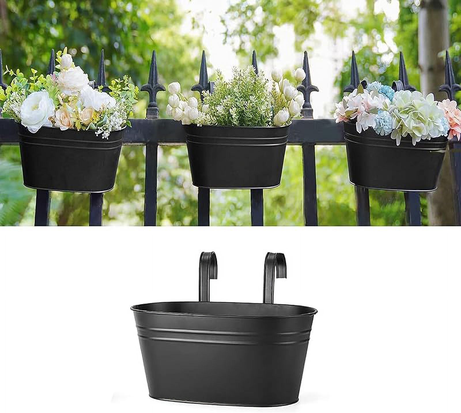 4pcs Metal Iron Hanging Flower Pots, 11 Inch Metal Railing Planter with Detachable Hooks Countryside Style Window Railing Hanging Flower Pots for Indoor Outdoor Balcony Patio Railing