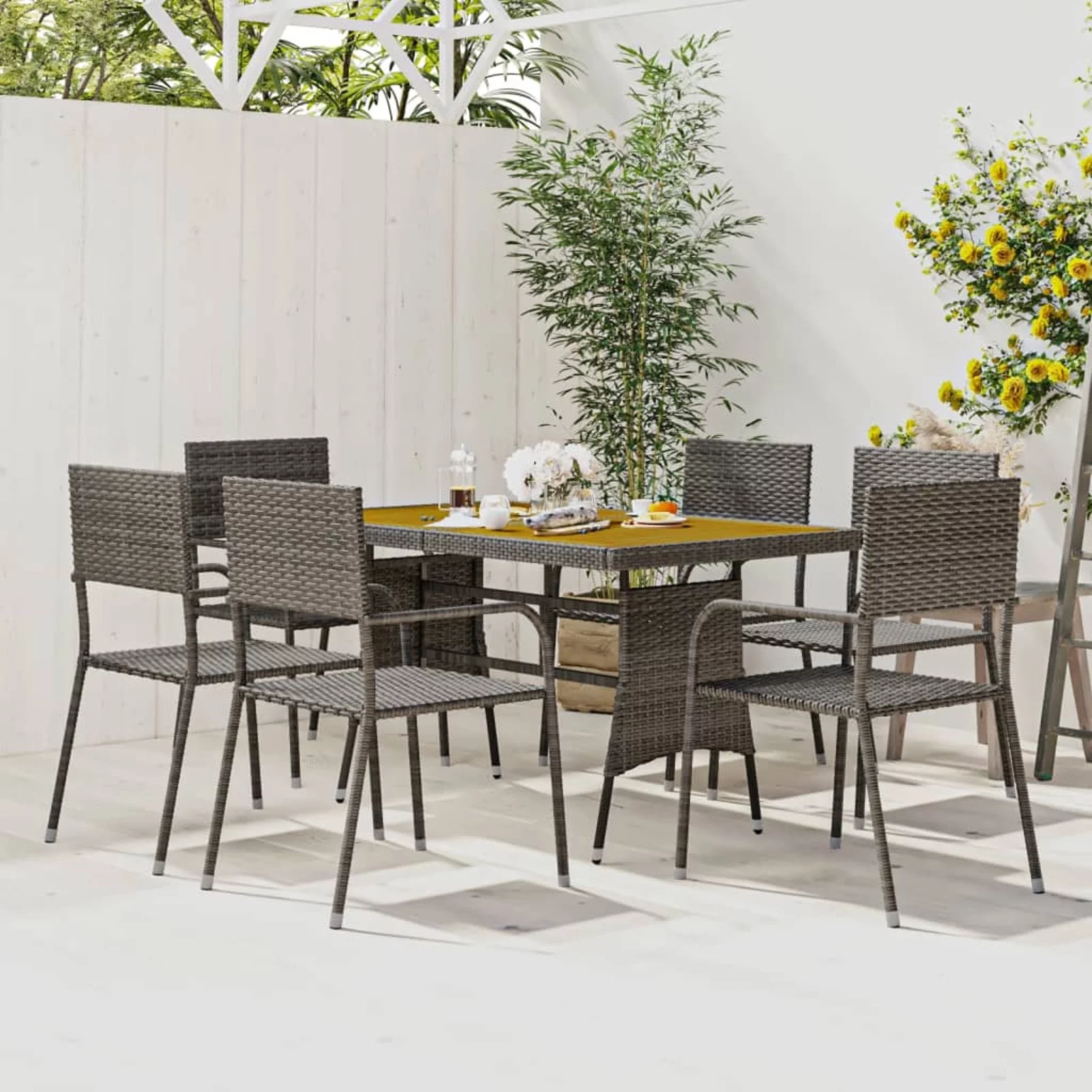 Walmeck 7 Piece Patio Dining Set Poly Rattan Gray