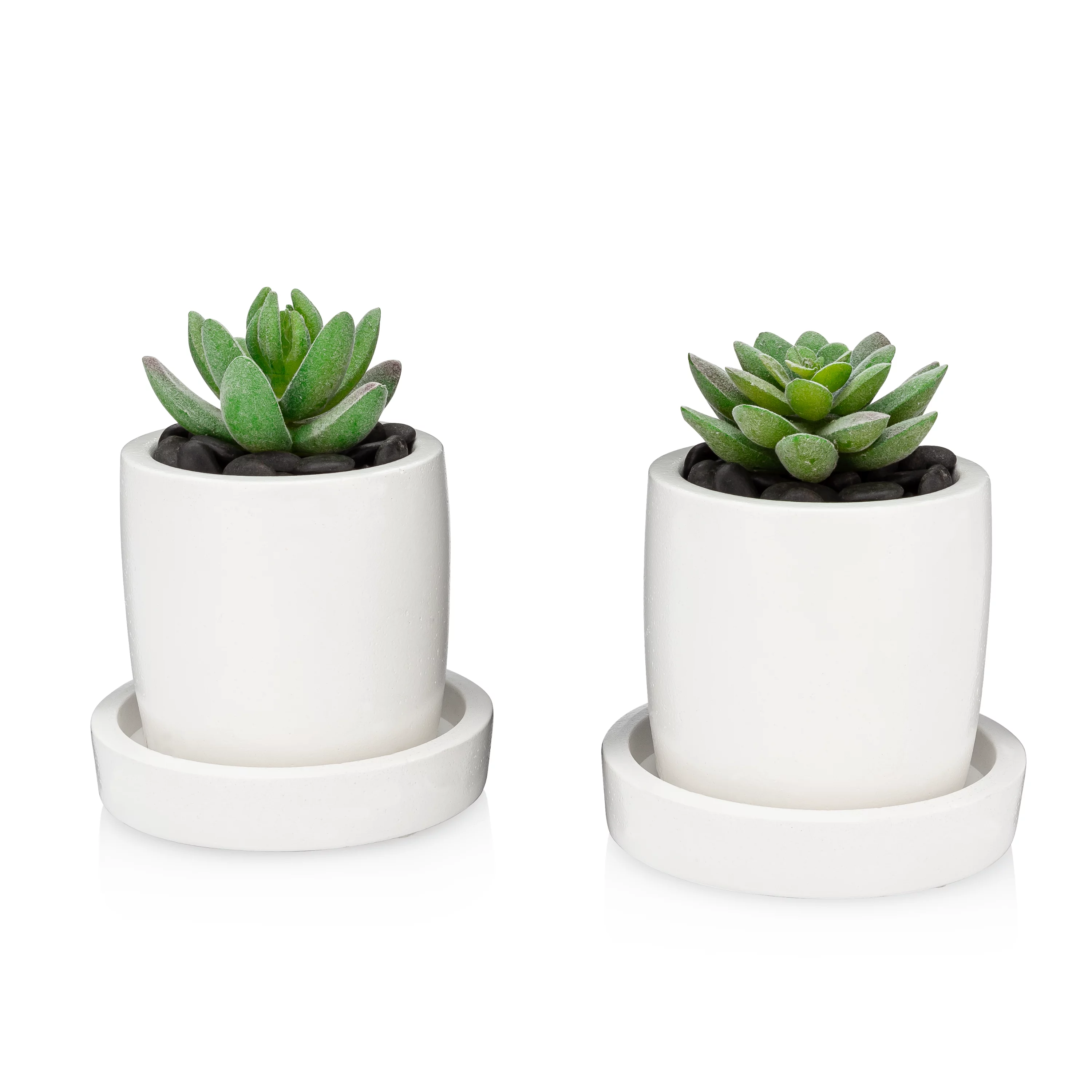 Essentra Home White Succulent Pot Set of 2 | Drainage Holes | Round Stone Planters for Succulents with Tray | Cactus Pots for Mini Succulents | Plants not Included