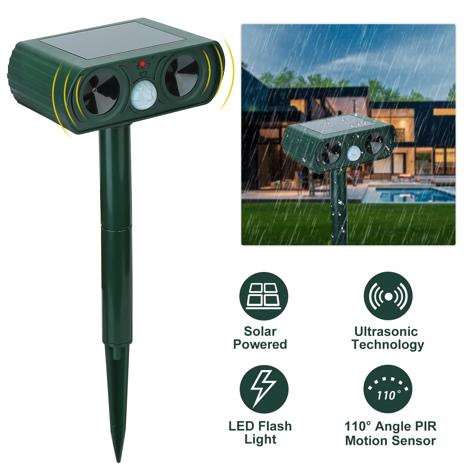 iMounTEK Ultrasonic Animal Repeller Solar Pest Repeller with Motion Sensor Repellent IPX4 Waterproof for Outdoor Farm Garden Yard, Green