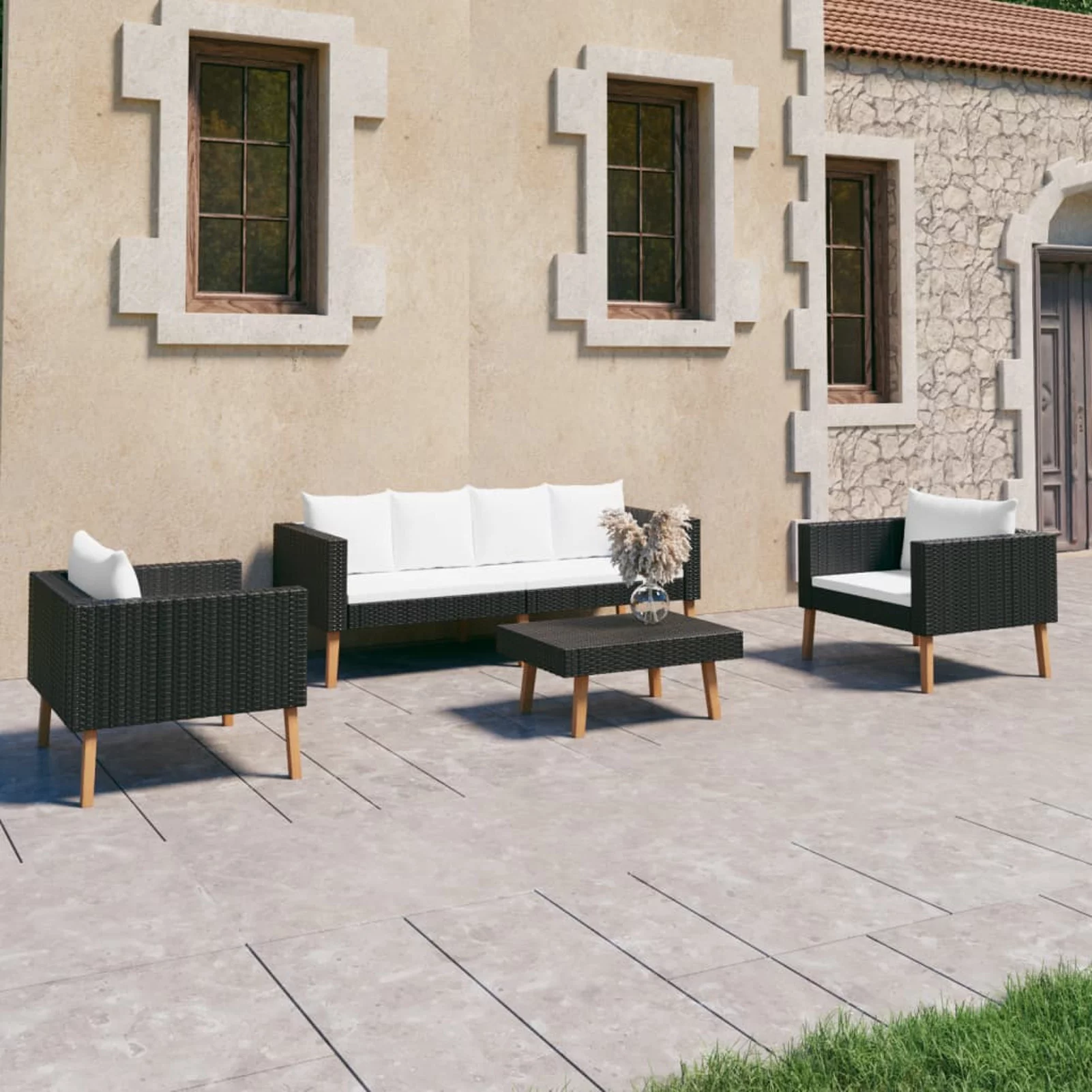 moobody 4 Piece Patio  Set Cushioned 2-Seater Sofa with 2 Single Sofas and Coffee Table Conversation Set Poly Rattan  Sectional Sofa Set for Garden, Balcony, Lawn, Yard, Deck