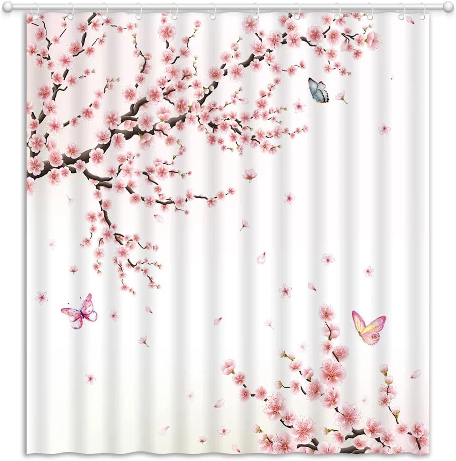 SPXUBZ Cherry Blossom Shower Curtain Pink Plum Flower Butterfly Asian Spring Floral Blooming Nature Landscape Bathroom Decor Curtain Fabric with Hooks 72x72inch