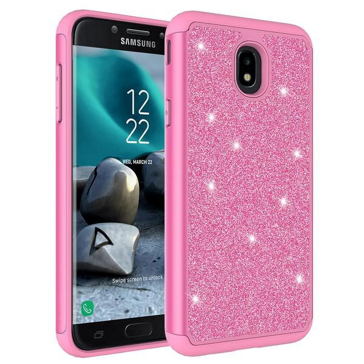 For Tracfone/StraightTalk Samsung Galaxy J3 Orbit (S367VL) Case w/[Tempered Glass Screen Protector] Glitter Sparkle Shiny Bling Shock Proof Dual Layer Case Cover - Hot Pink