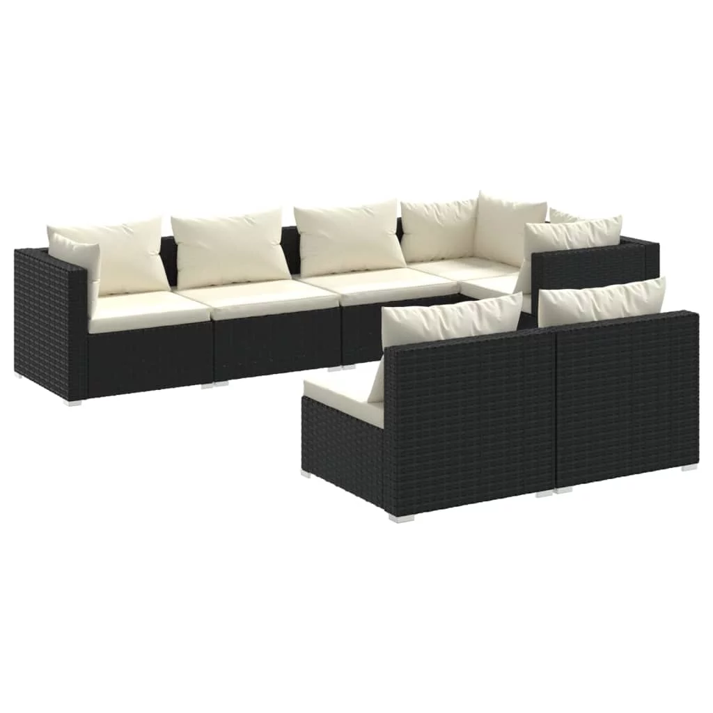 Carevas 7 Piece Patio Set with Cushions Black Poly Rattan