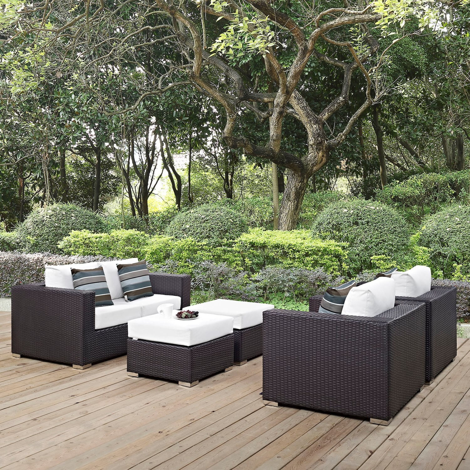 Lounge Sectional Sofa Table Set, White, Rattan, Wicker, Outdoor Patio Balcony Cafe Bistro Garden Hospitality Restaurant, Modern Contemporary HB32970