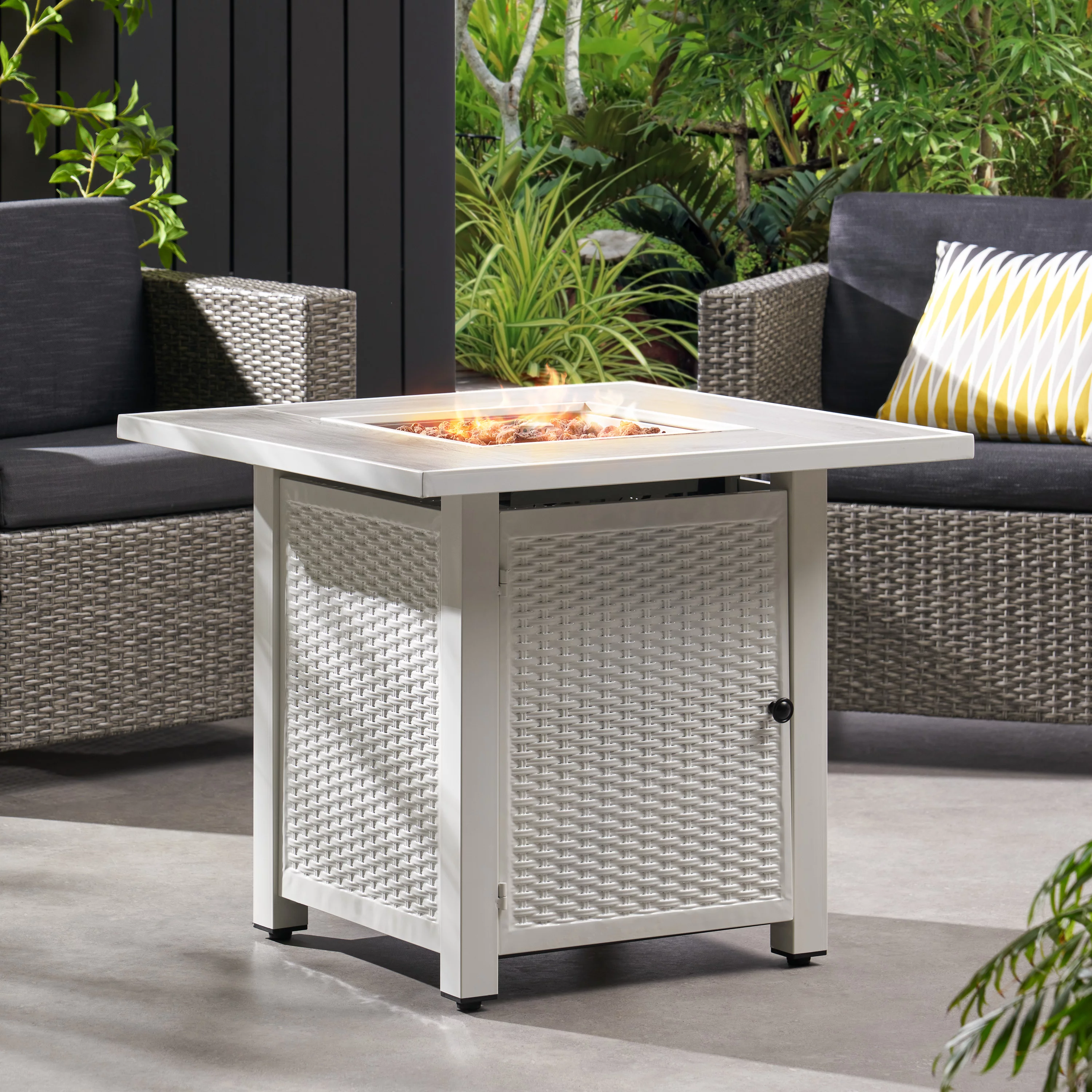 Larry Outdoor 40,000 BTU Iron Square Fire Pit, White and Light Gray