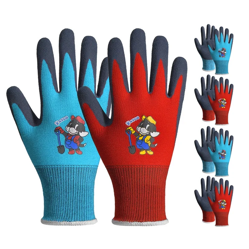 KAYGO Kids Gardening Gloves 4 Pairs - Polyester Seemless Knitted with Latex Sandy Finish Coating, KGKID100, Ideal for Kids Gardening, DIY,Light Duty Works, and Outdoor Activities (Blue&Red,2XS )