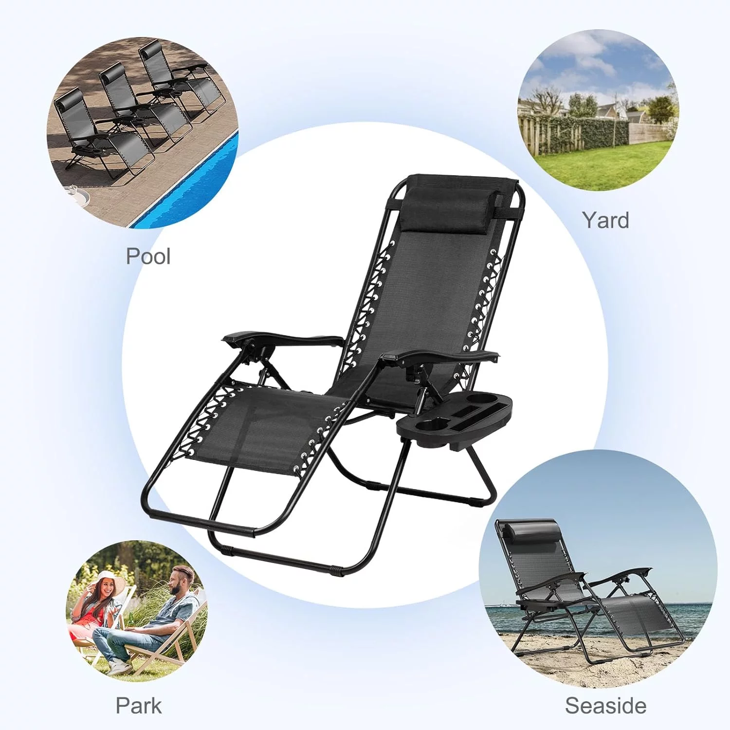 Set of 2 ing Recliners Patio Chairs Adjustable Steel Mesh Lounge Chair Beach Chairs with Pillow and Cup Holder Black