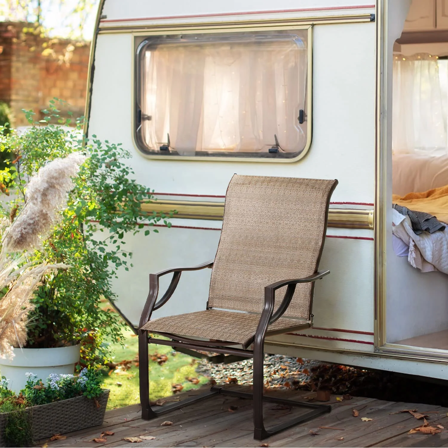 Elegant Elegant Dining Chairs Set of 2, Textilene Outdoor Furniture Chairs Firepit Chairs All Weather Resistant Rocking Chairs, Brown