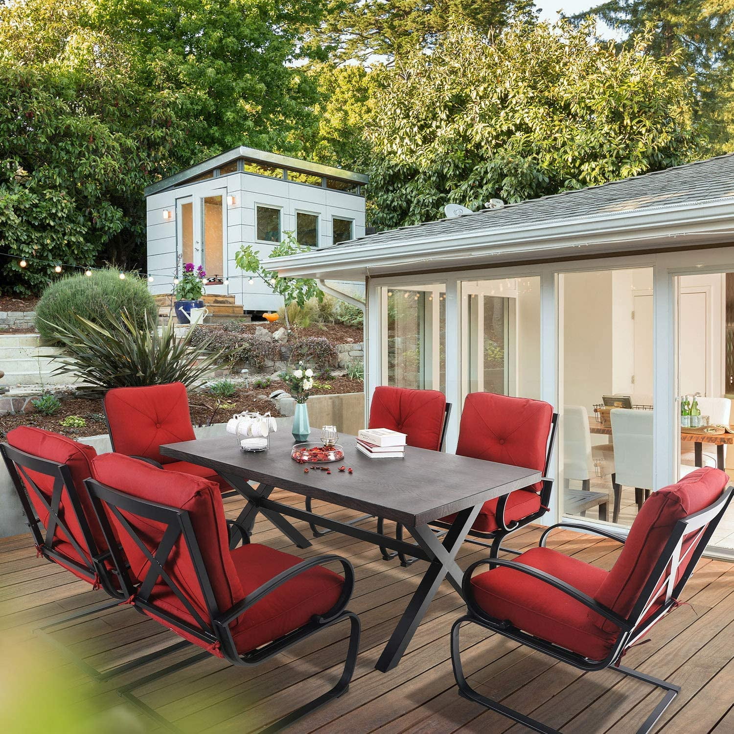 Patio Dining Set for 4 Outdoor Furniture Square Bistro Table with 1.57" Umbrella Hole 4 Spring Motion Chairs with Cushion Beige for Backyard Garden Lawn