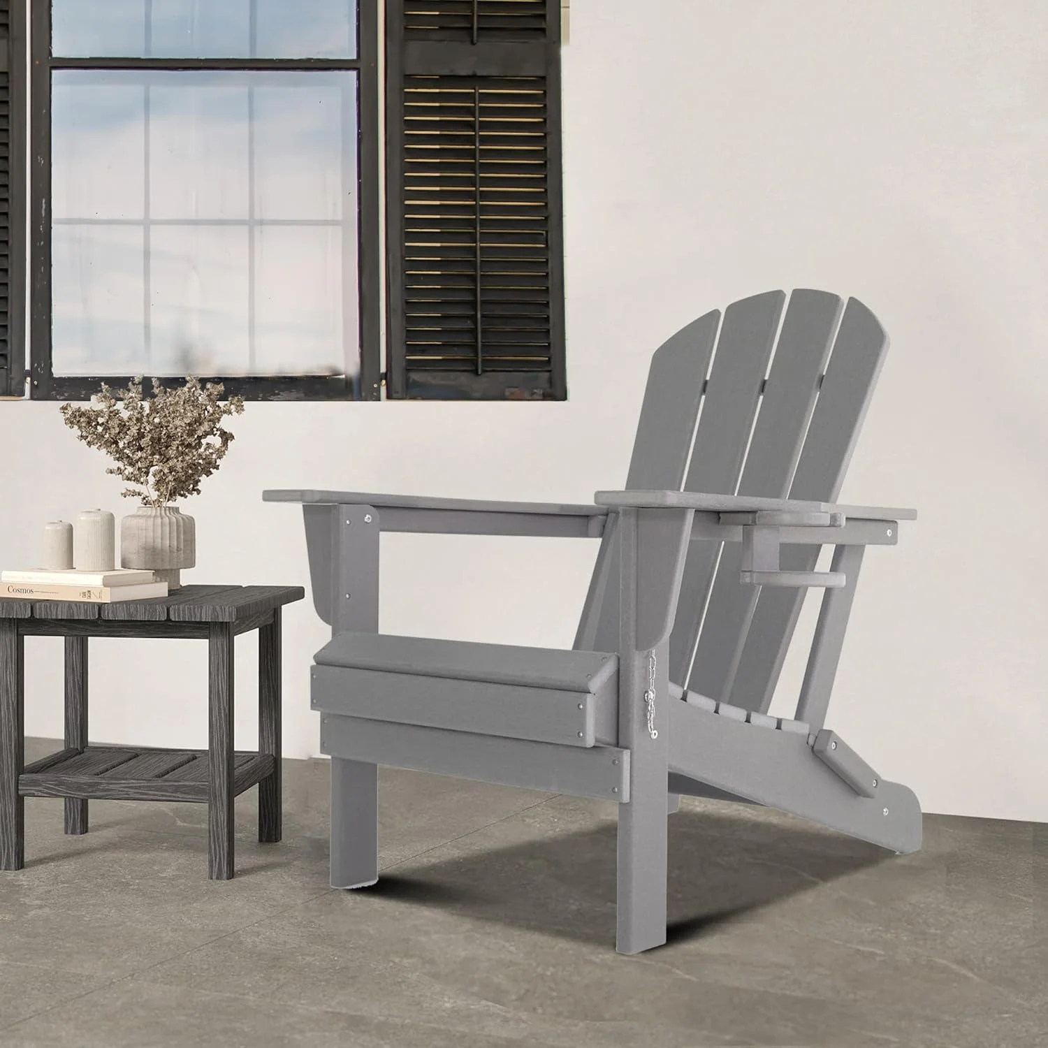 Folding Adirondack Chair Gardens, Fire Pit Chair with Plastic Cup Holder, Decks, Seaside Weather Resistant, Waterproof, Easy to Assemble (Grey)