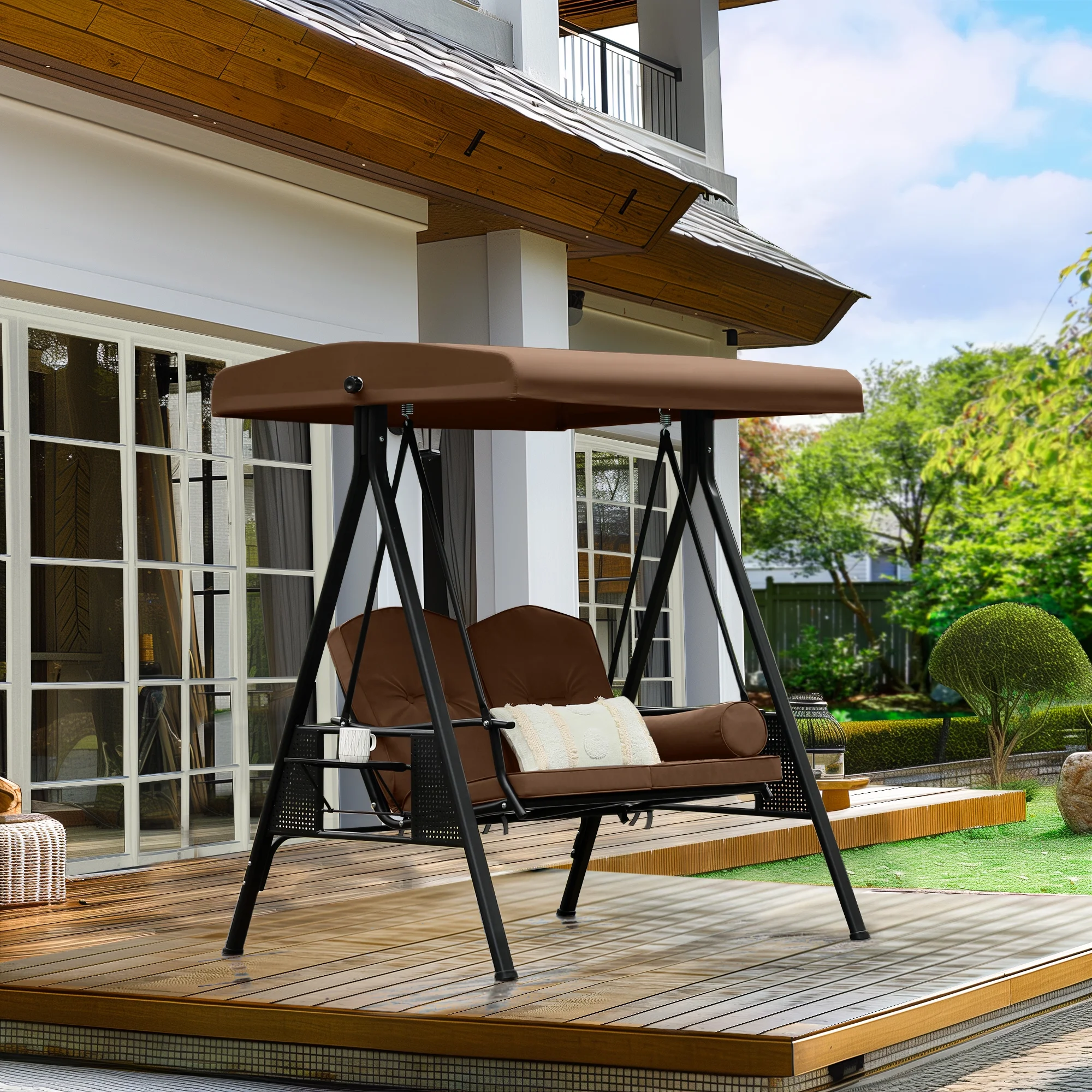 2-Person Brown Metal Patio Swing with Canopy and Cushions