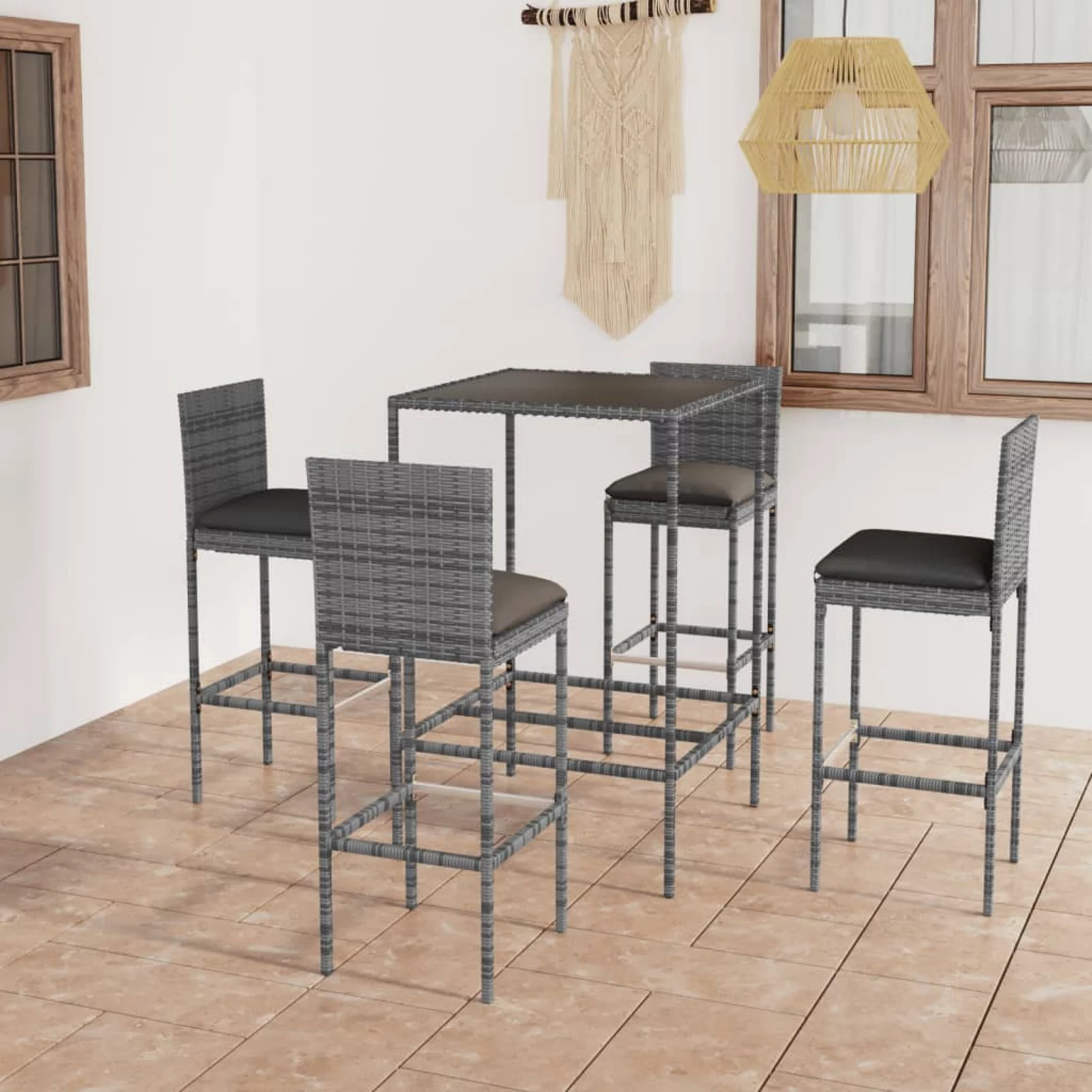 walmeck 5 Piece Patio Bar Set with Cushions Poly Rattan Gray