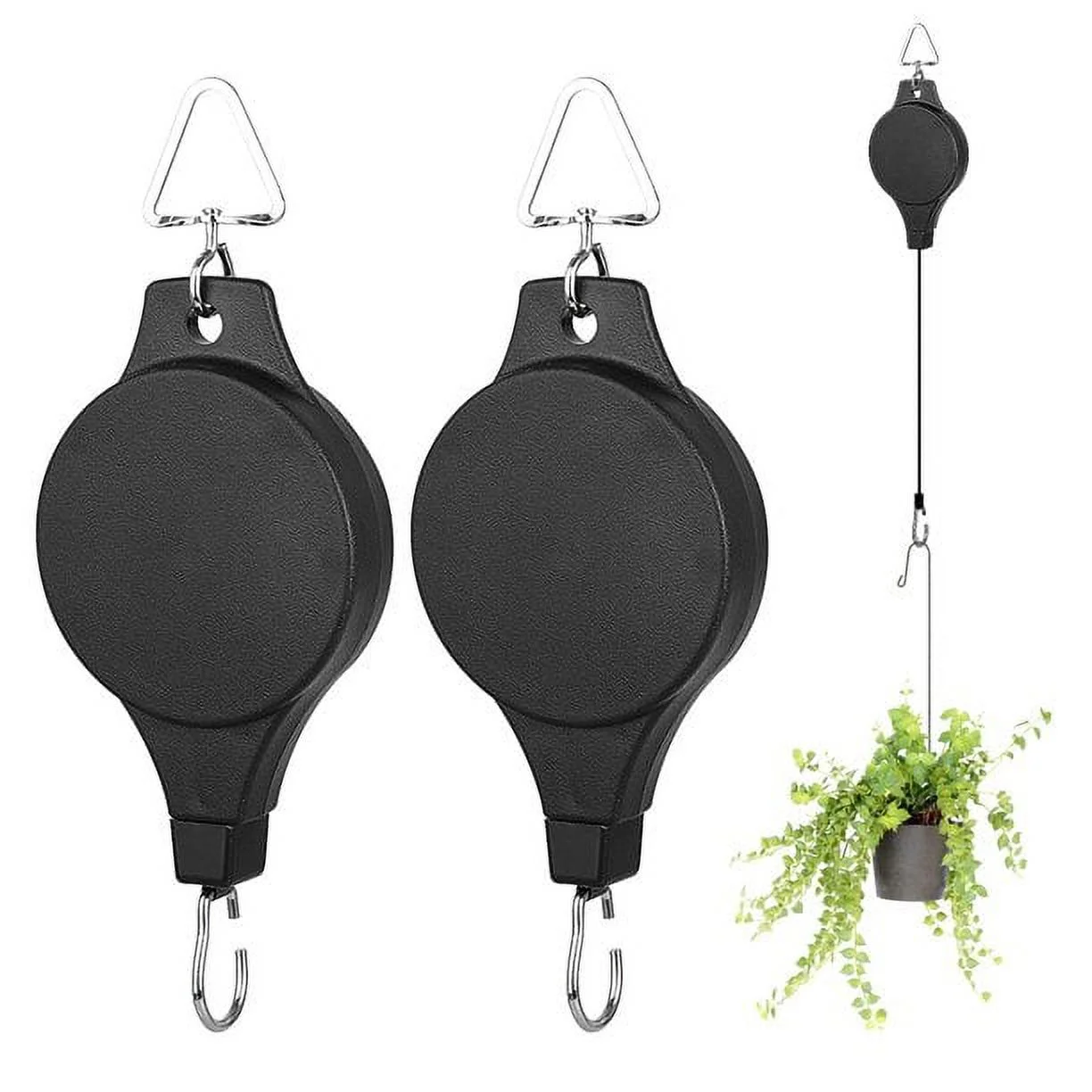 Lingsida 2pcs Retractable Plant Hanger, Adjustable Plant Pulley for Hanging Planters, Heavy-Duty Easy Reach Flower Basket Plant Hooks for Garden, Pots, Birds Feeder, Black
