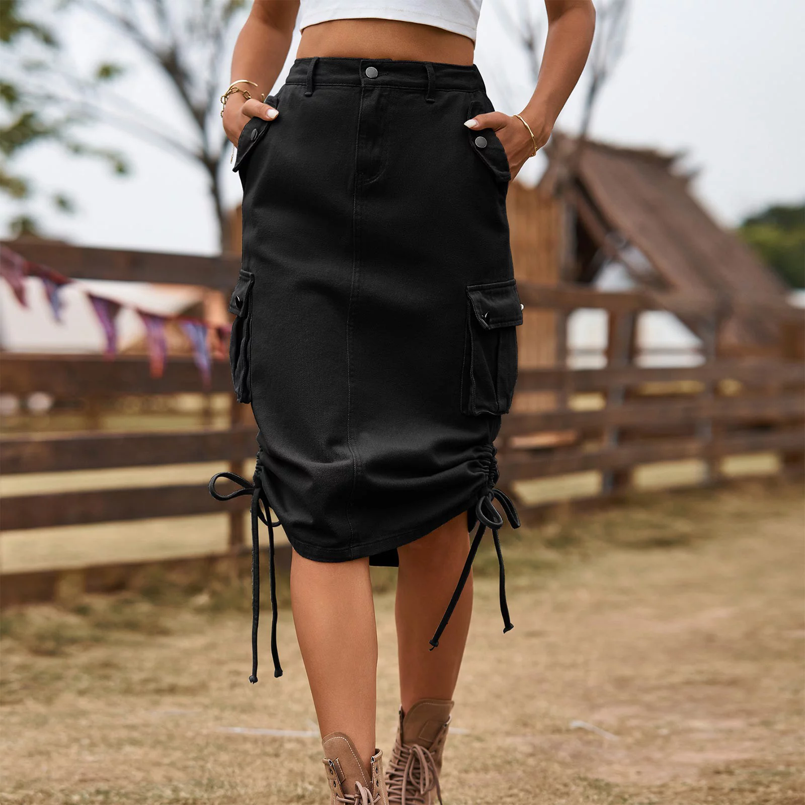Autumn Tennis Skirt Women'S Denim Lace Up Tooling Skirt Casual Mid Length Skirt Skirts For Women Uk Elasticated Waist