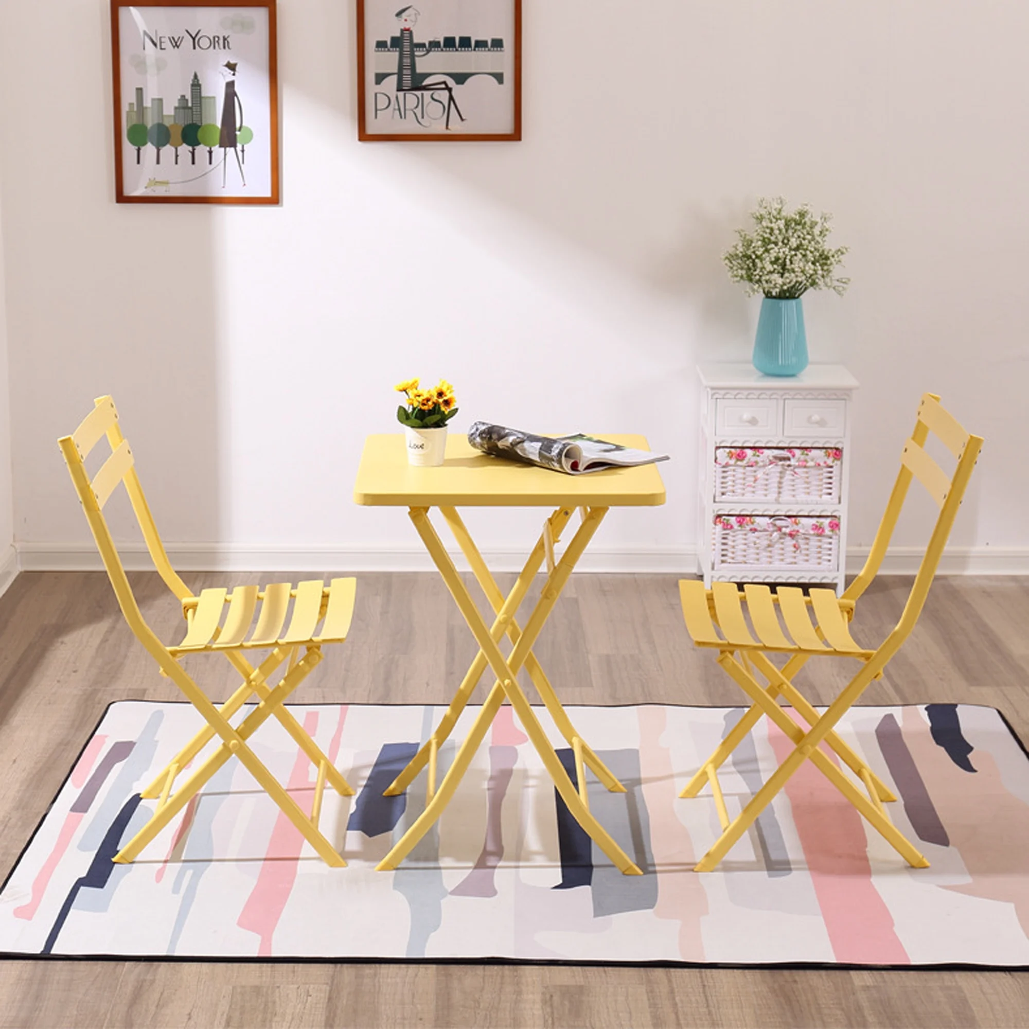 Homiyad 3 Piece Patio Bistro Set of Foldable Square Table and Chairs, Yellow