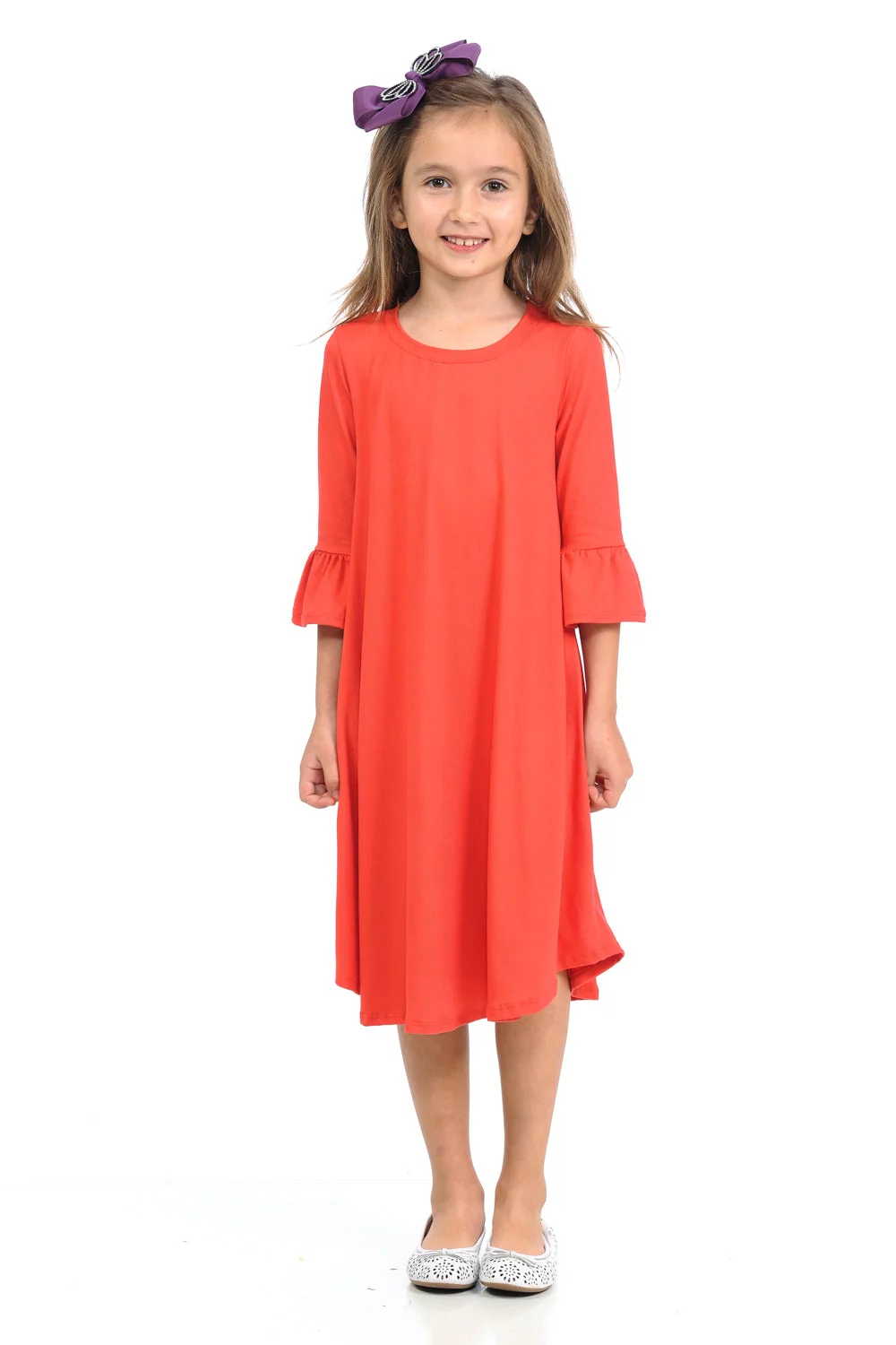 Honey Vanilla Girls' Bell Sleeve Trapeze Dress with Easy Removable Label Coral Large 9-10 Years