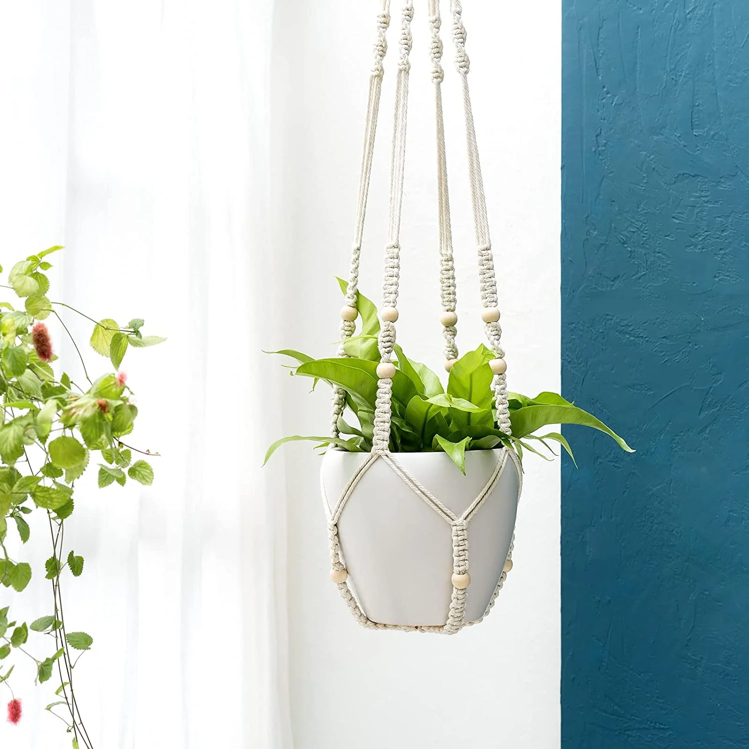43 Inch Macrame Plant Hanger Large for up to 12 Inch Pot Extra Long Hanging Plant Holder Planter Basket No Tassels with Wood Beads for Indoor Outdoor Boho Home Decor, Ivory, Set of 2