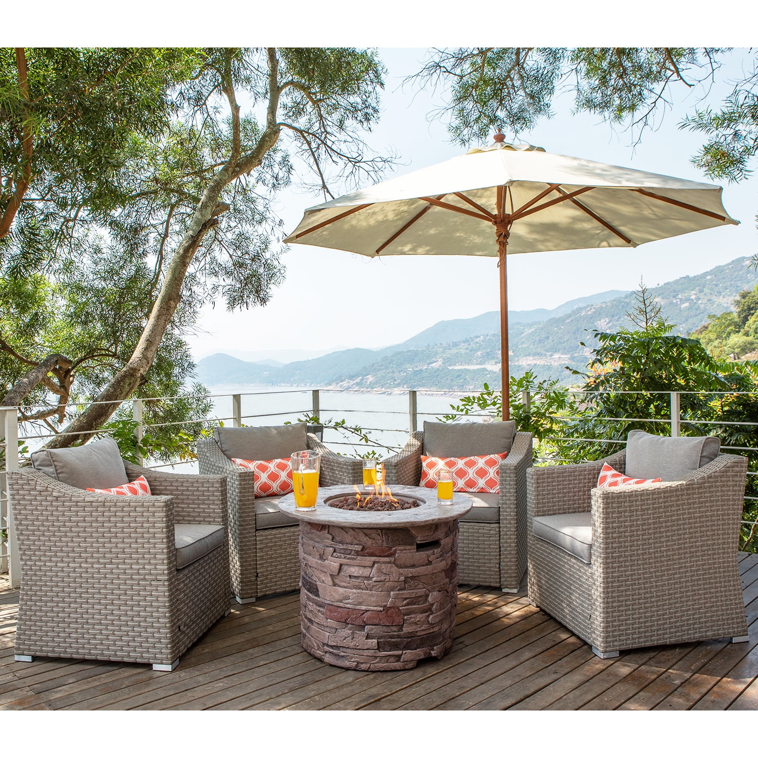 COSIEST 4-Piece Fire Pit Patio Sectional Sofa, Gray Wicker Conversation Set