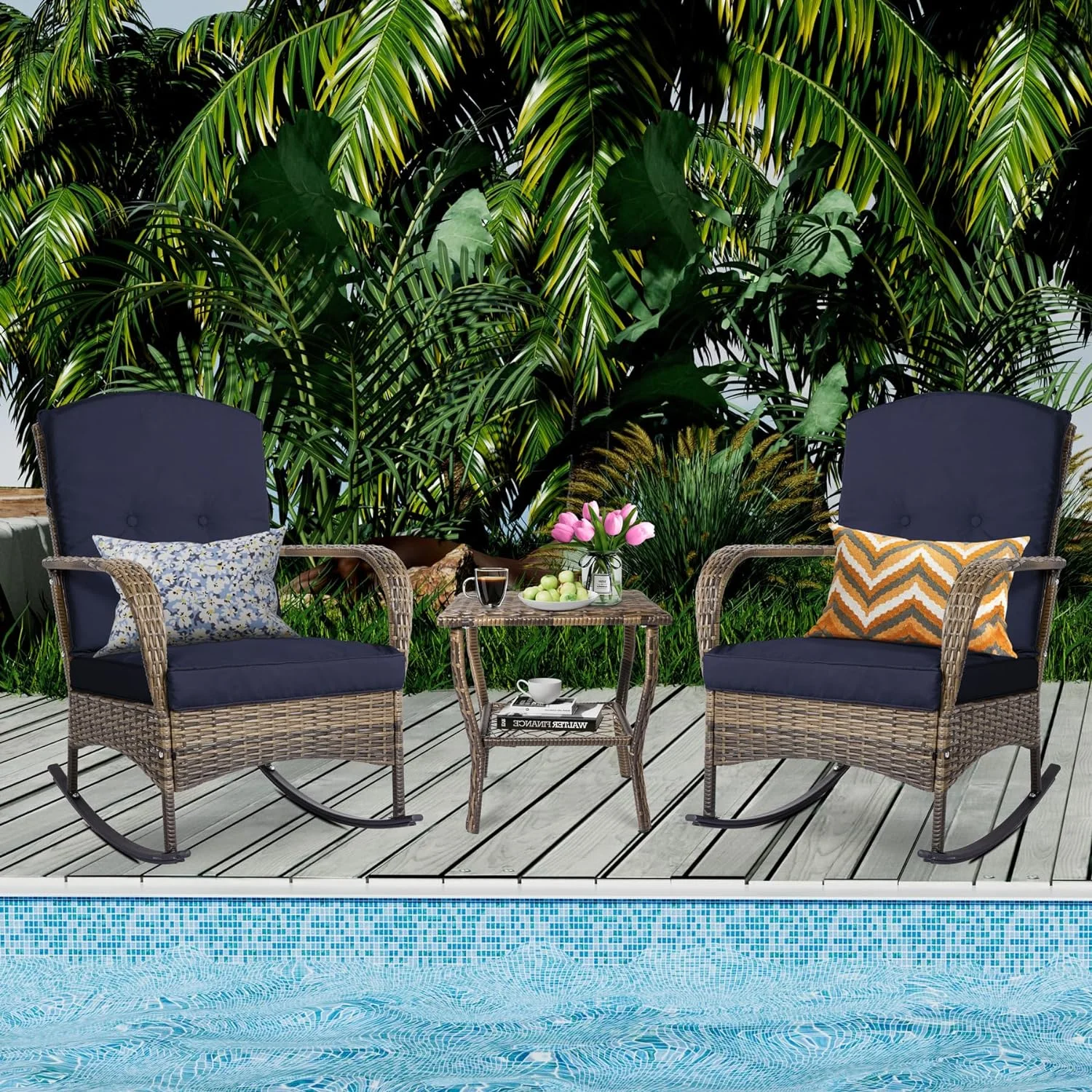 SQDFRE SERTGVF 3-Piece Outdoor SERTGVF Set  Patio Conversation Chair  Wicker Rocking Chair with SERTGVF for Porch  Garden  Poolside & Deck  Blue