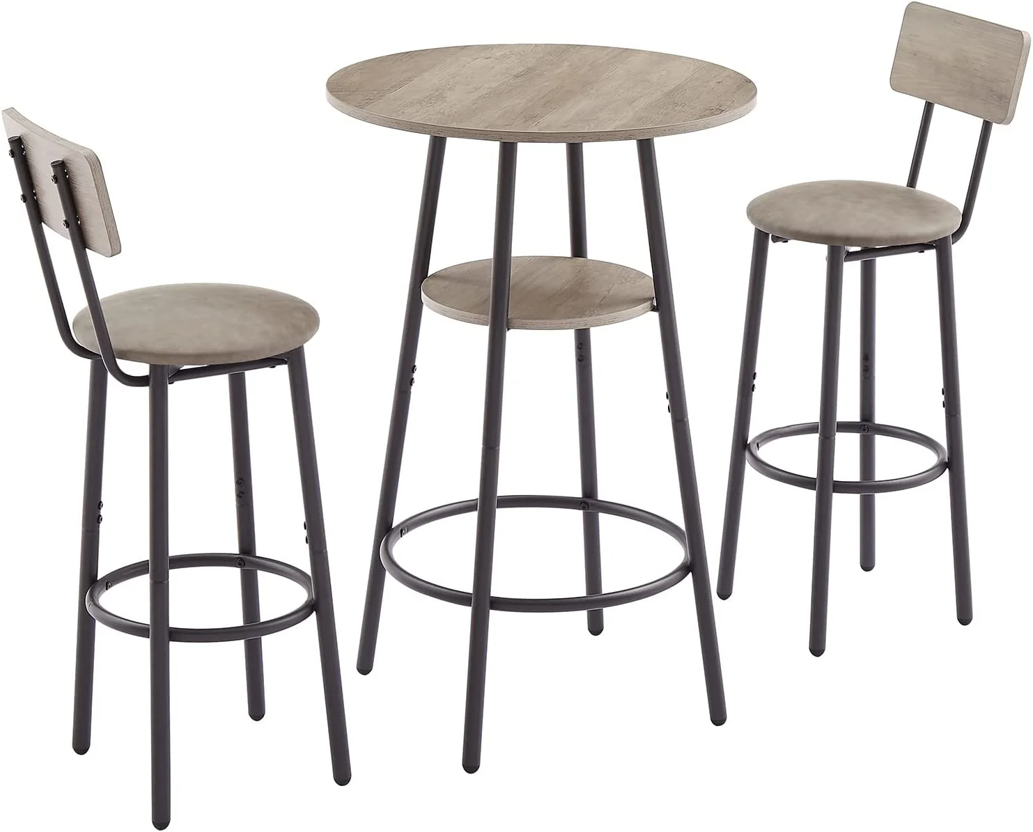 HBROLJF 3-Piece   Set for 2  Small 2-Tier Round Bistro Pub Dining  & PU Upholstered Stools with Backrest  Counter Height  and Chairs Set for Kitchen Small Space  Grey
