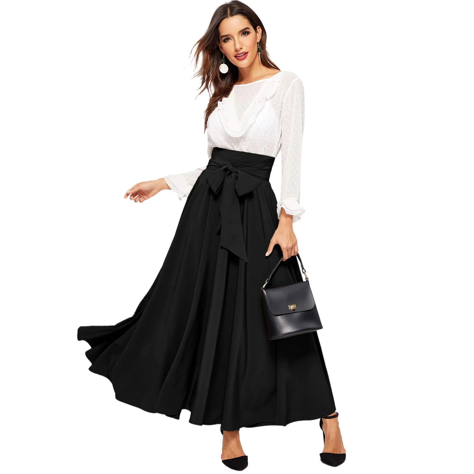 Winter Skater Skirt Women'S Elegant High Waist Skirt Tie Front Pleated Maxi Skirts Skirt Hangers Wood