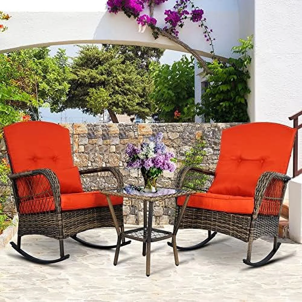 QYFZBIM 3-Piece Outdoor Rocking Chairs ， Wicker Patio  Modern Rattan Chair Conversation with Cushions & Glass Table for Garden Backyard  Bistro(Grey)