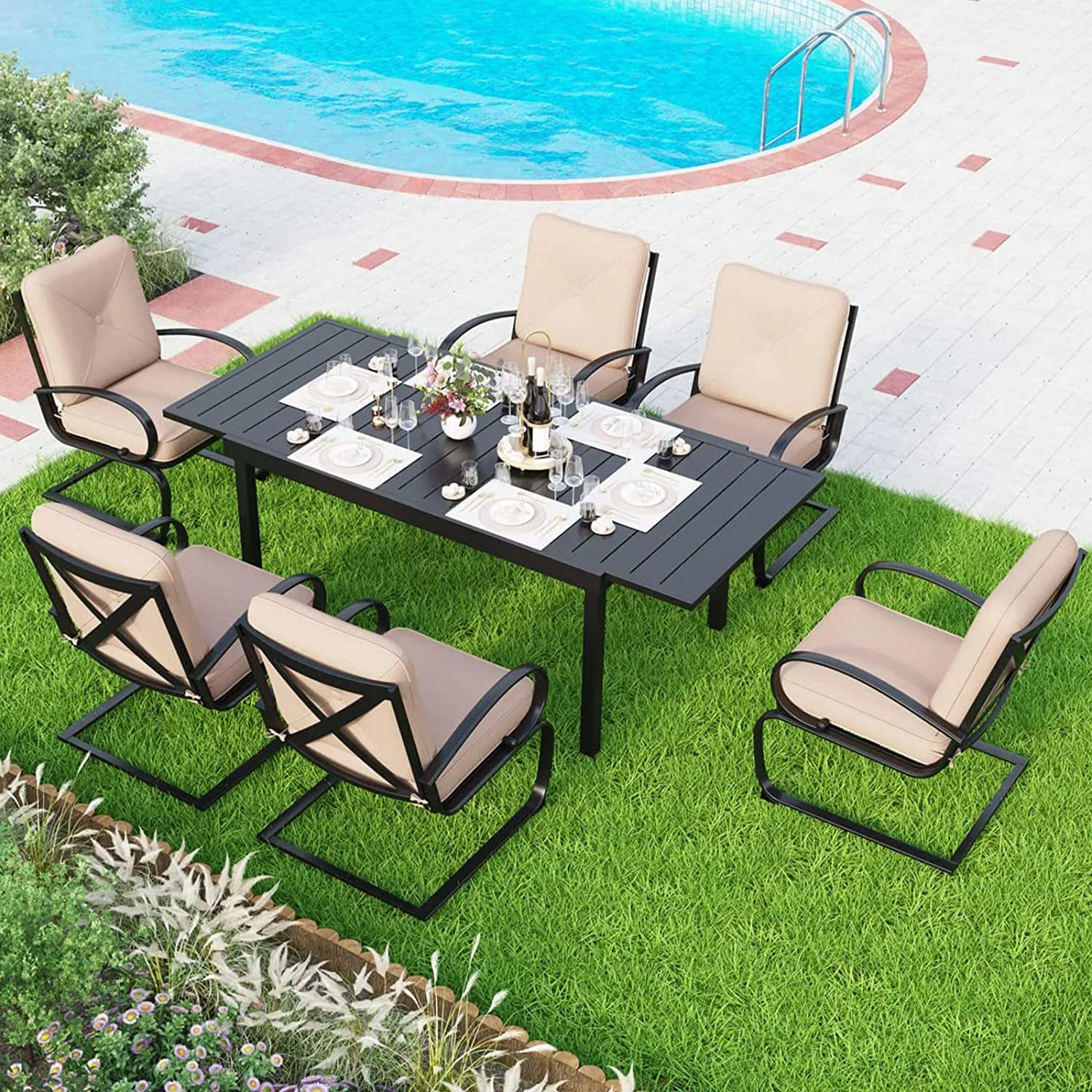 7 Piece Outdoor Patio Dining Set 6 Spring Motion Cushion Chairs  1 Rectangular Table with 1.57" Umbrella Hole Furniture Sets for Lawn Backyard Garden