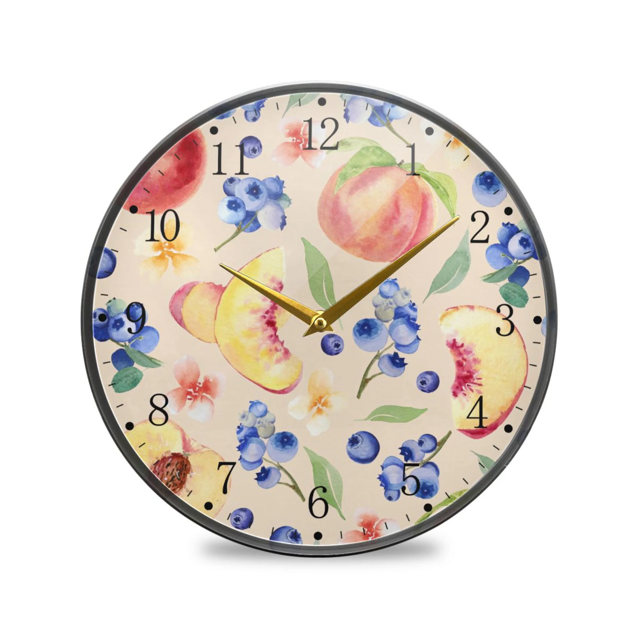Watercolor Peach Fruit Acrylic Wall Clocks Quiet Round Clock Battery Operated Non-Ticking Clock for Bedroom Kitchen Office Decorative 11.9 Inch